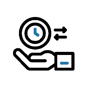 Icon of a hand holding a clock with arrows indicating sharing or transfer.