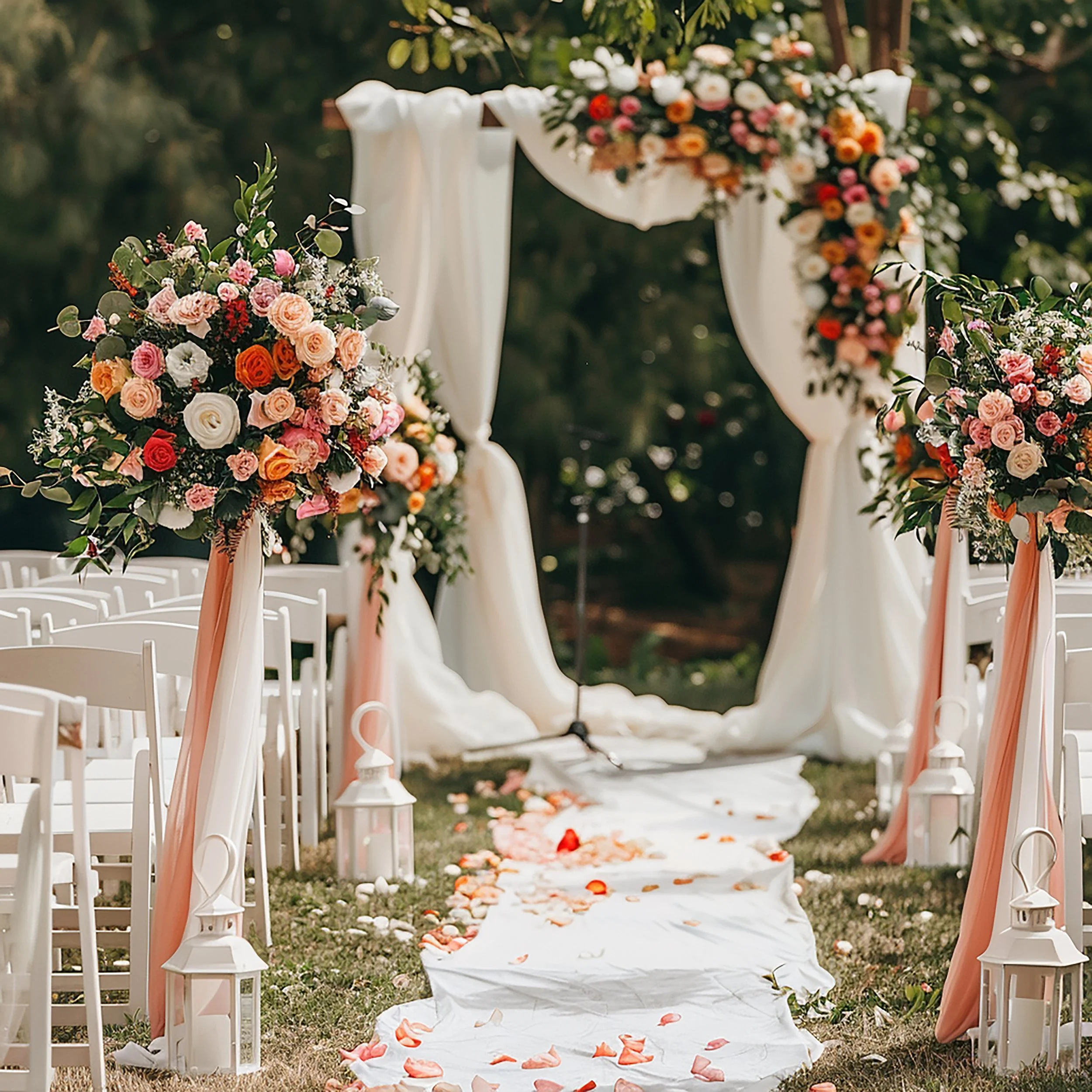 A decorated outdoor aisle with a white runner, floral arrangements on chairs with white lanterns, and a floral arch in the background, set for a wedding ceremony.