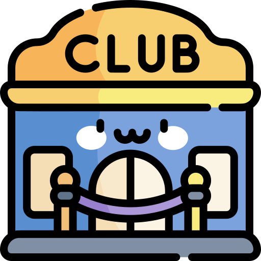 Cute cartoon restaurant with a scoop of ice cream on top, labeled 'CLUB', holding two money bills and standing behind a velvet rope.