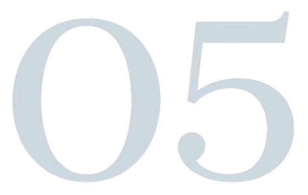 Close-up of the number 05 in a stylized design with a gray, white, and red color scheme.