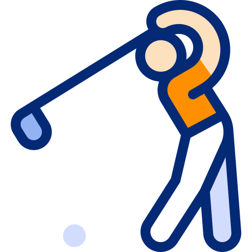 Illustration of a person with exaggerated length of arm, bent forward holding a golf club, preparing to hit a golf ball.