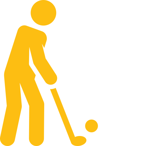 Icon of a person playing hockey, holding a hockey stick and hitting a puck.