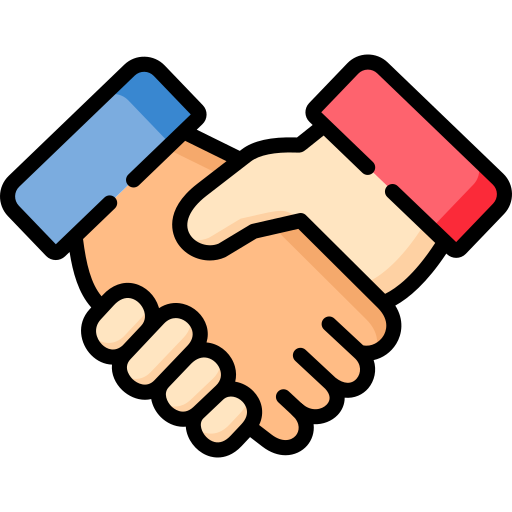 Illustration of two hands shaking, one with a blue sleeve and the other with a red sleeve.