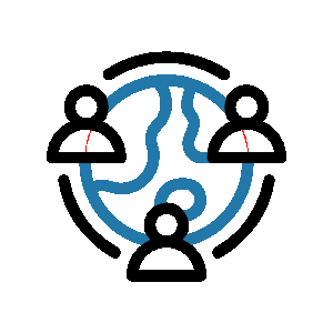 Icon of three people connected in a circle surrounding a globe, representing teamwork or global connection.