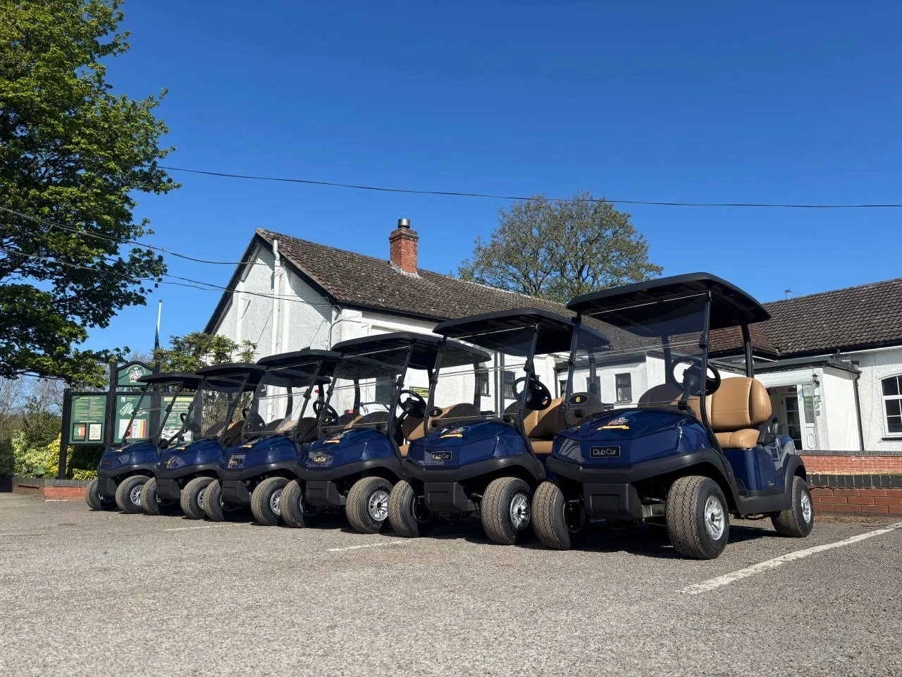 Six blue golf carts parked in a row in a parking lot, with a white building and trees in the background under a clear blue sky.
