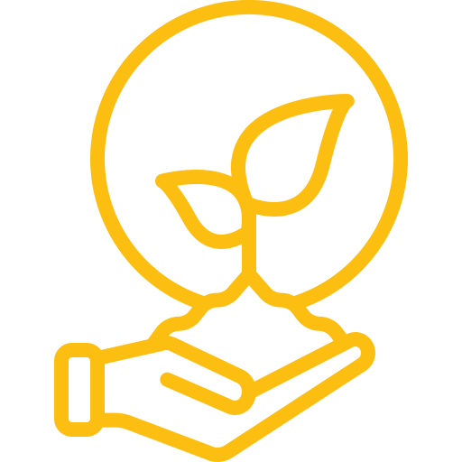 A yellow outline of a hand holding a small plant with two leaves inside a circular border.