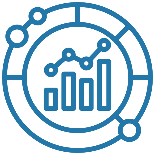 Icon of a magnifying glass with a bar graph and line chart inside, representing data analysis or analytics.