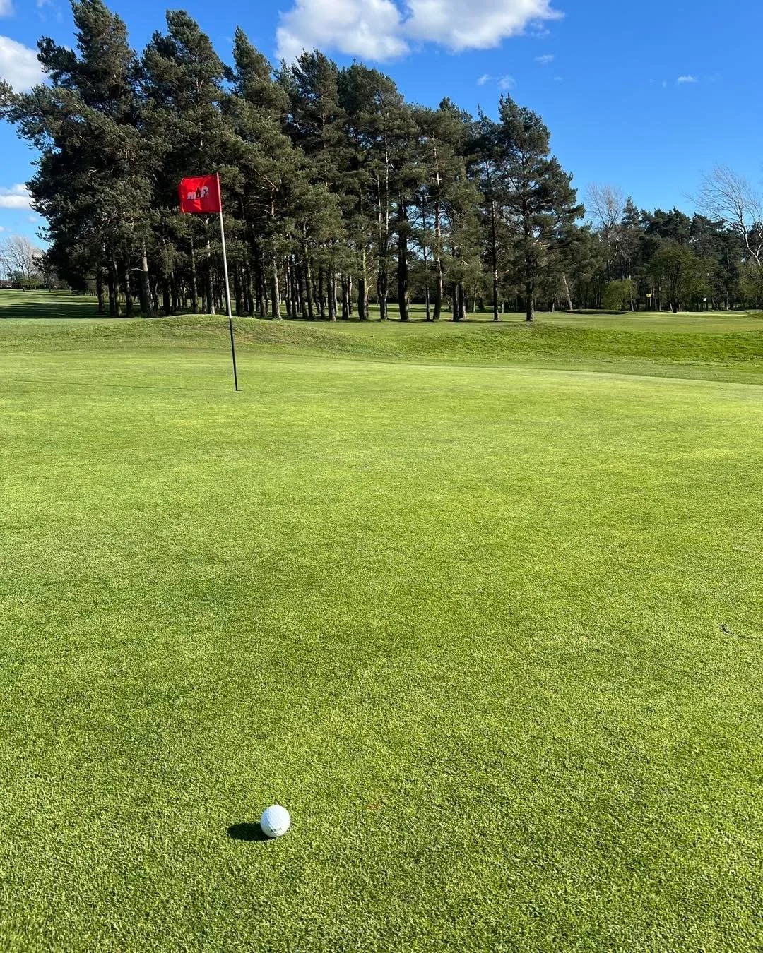 Golf course with a white golf ball near the hole, a red flag, and a background of trees under a partly cloudy blue sky.