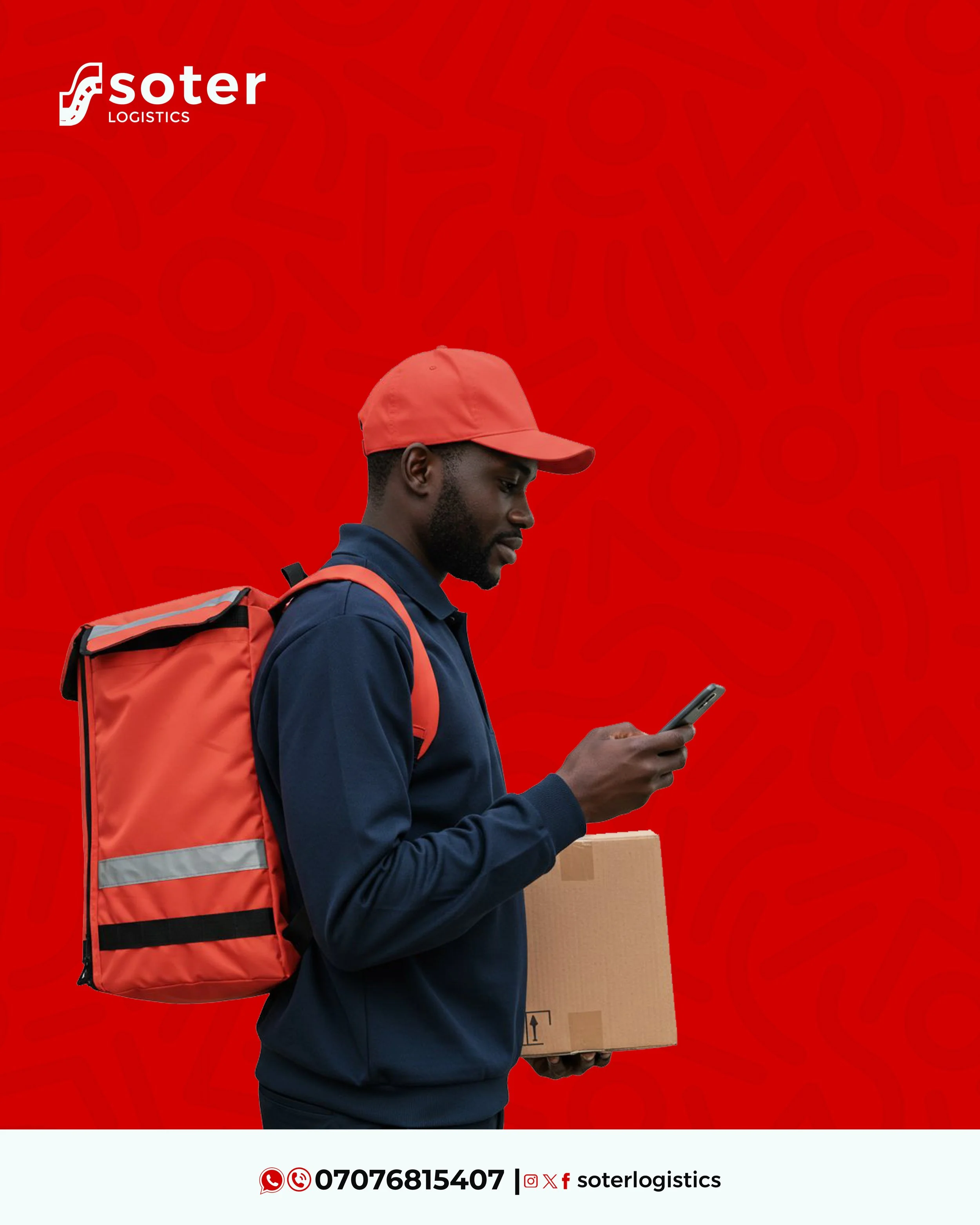 A delivery person wearing a red cap, navy blue uniform, and a red backpack holding a cardboard box and looking at a smartphone against a red background with the Soter Logistics logo in the top left corner.