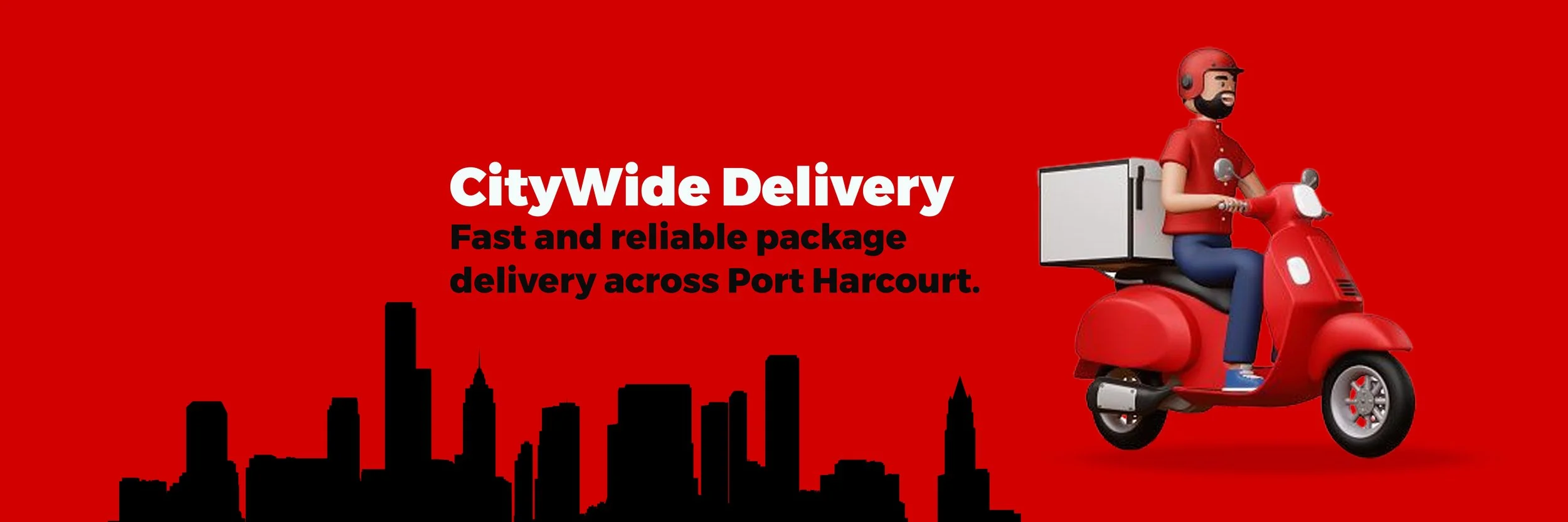 Red background with black city skyline silhouette and a cartoon delivery person riding a red scooter with a large box on the back. Text reads 'CityWide Delivery' and 'Fast and reliable package delivery across Port Harcourt.'