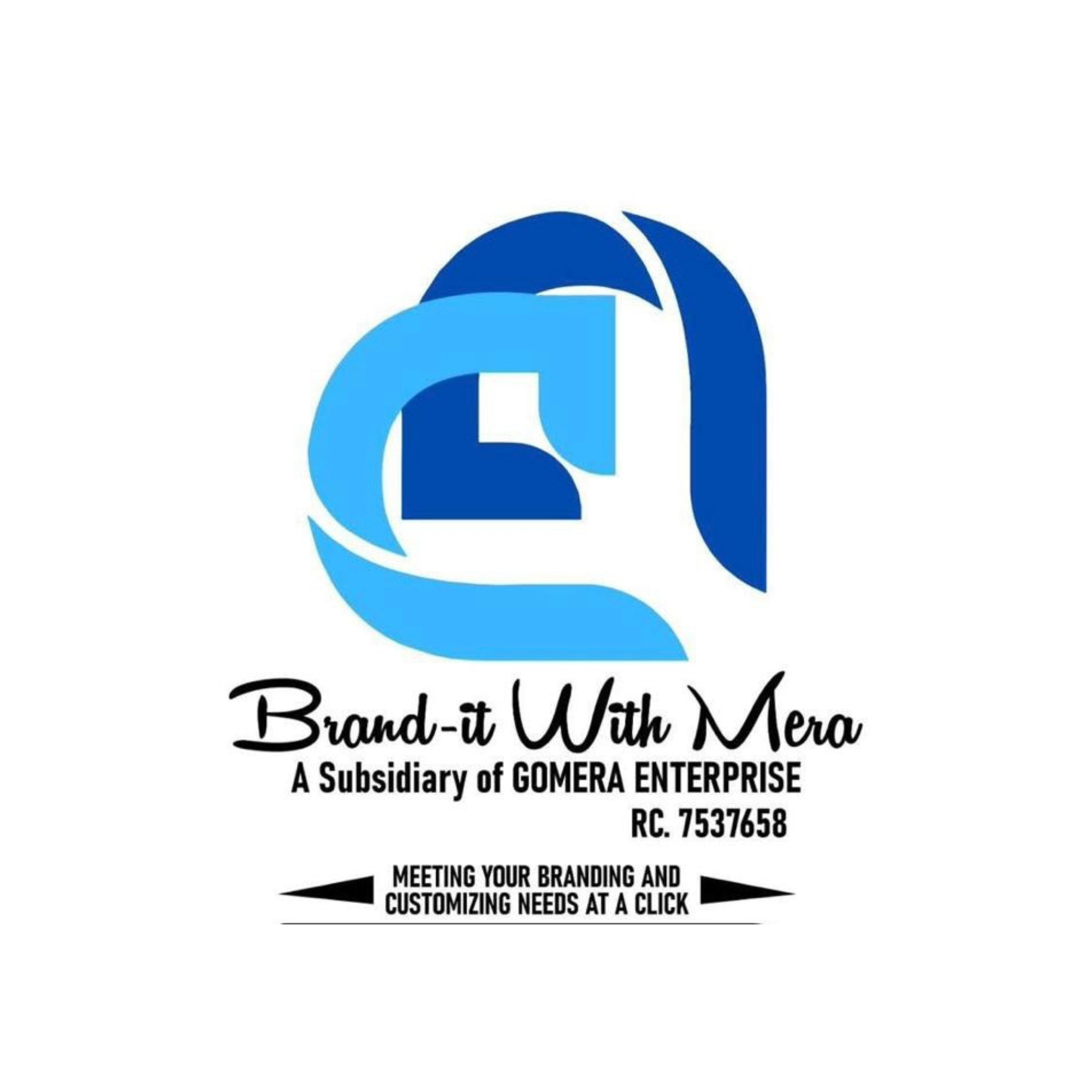 Logo of Brand-it With Mera, a subsidiary of GOMERA ENTERPRISE, featuring a stylized blue icon and text indicating branding and customizing services.