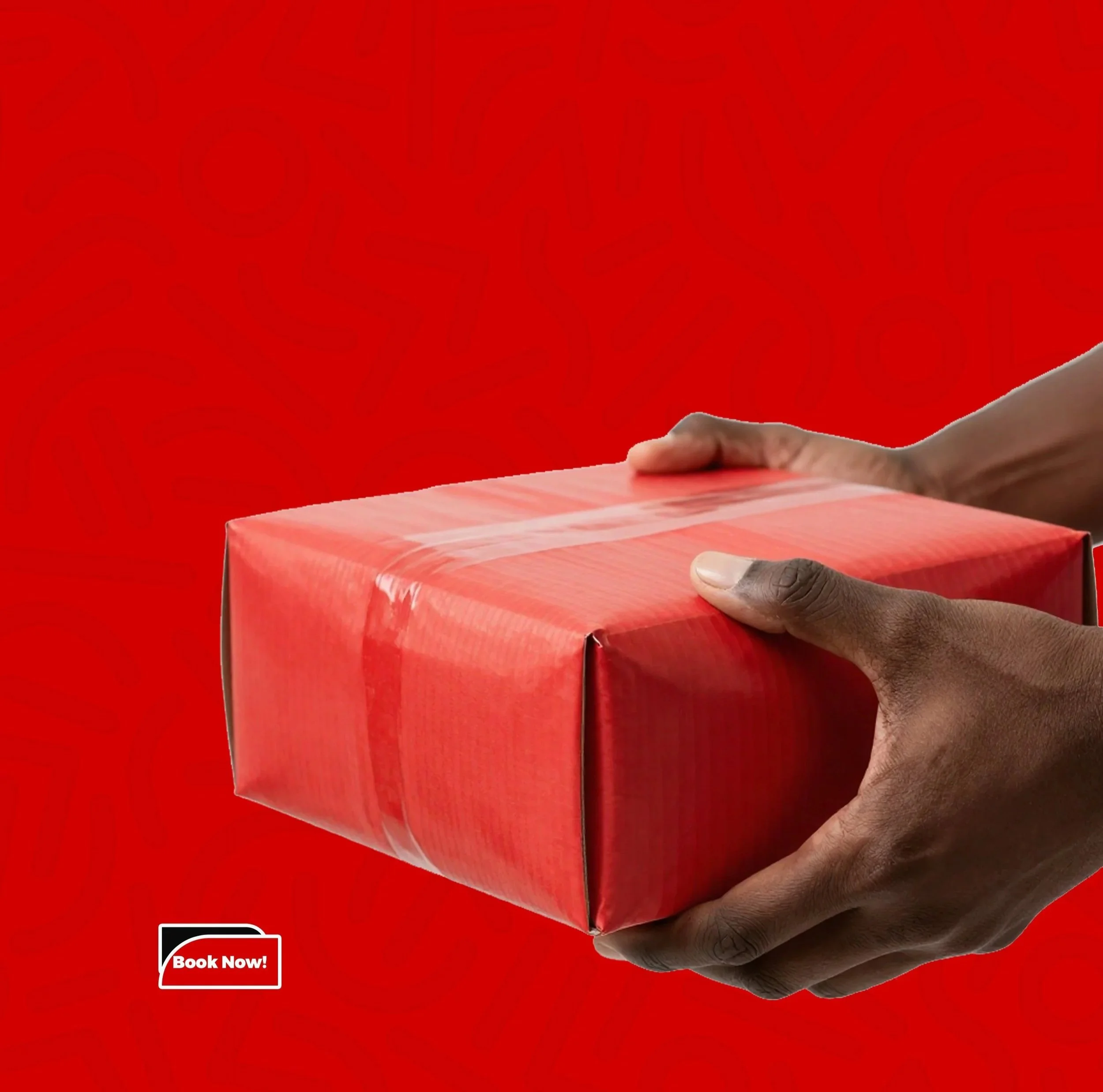 A person's hands holding a wrapped red gift box against a red background with a white and black 'Book Now!' button in the lower left corner.