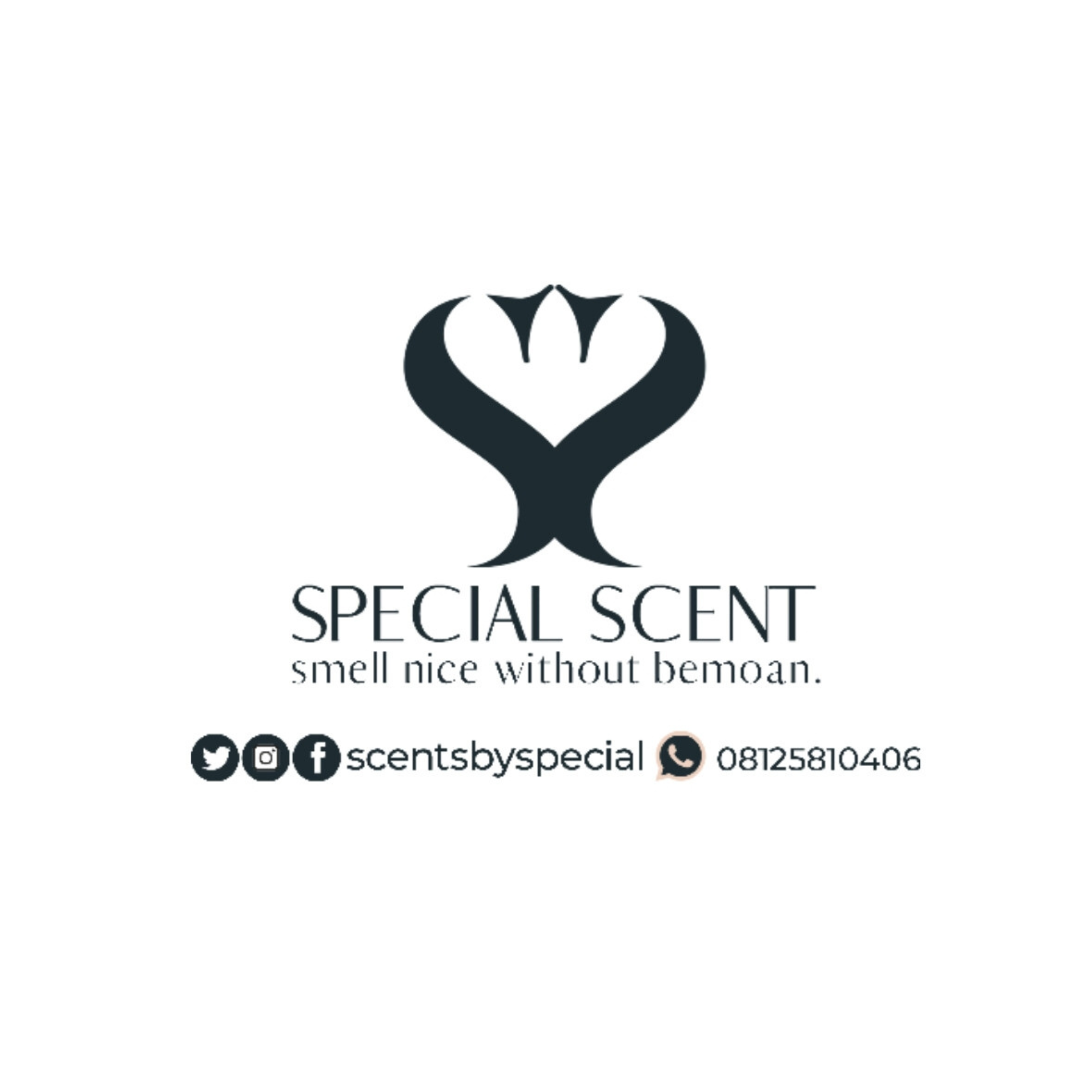 Business card for Scents by Special featuring a black abstract logo, business name, tagline, and contact information with social media icons