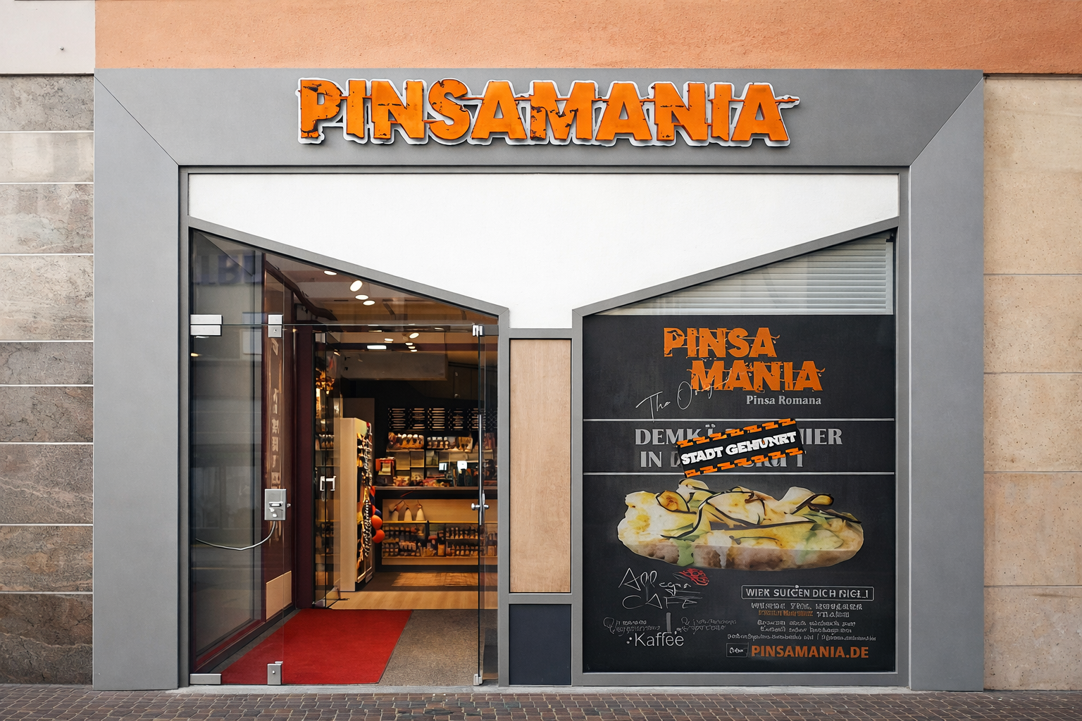 Eingang eines Pinsa-Restaurants namens PINSAMANIA mit schwarzer Werbetafel, Street-Geschichte, großer Pinsa-Kuchen auf dem Plakat und orangefarbenem Schriftzug