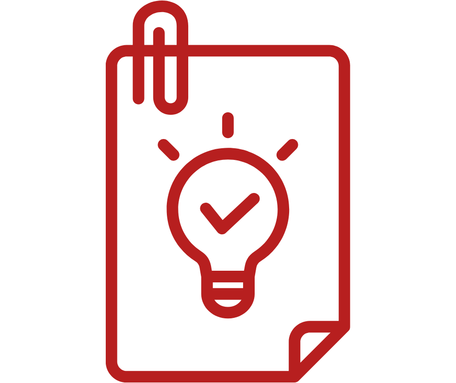 Outline of a clipboard with a light bulb and a check mark inside the bulb