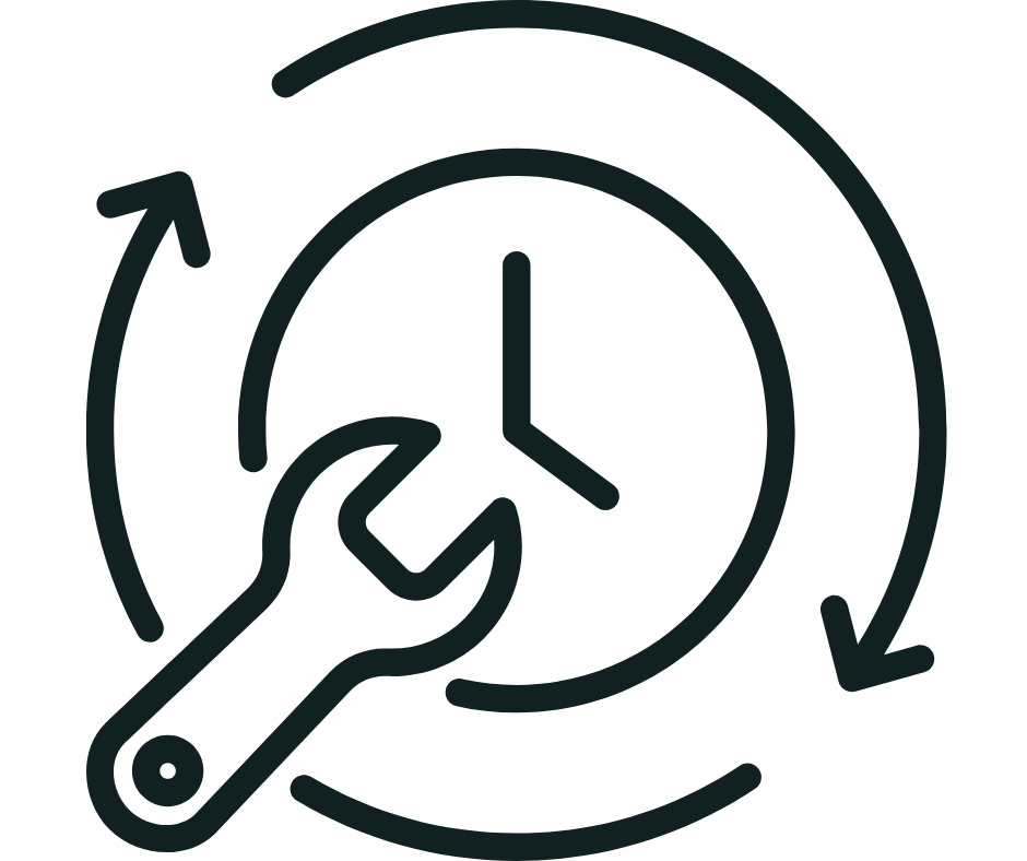 An icon of a clock with arrows around it and a wrench in front, representing time management or repair.