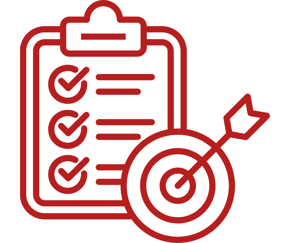 Outline of a clipboard with checkmarks next to each item and a target with an arrow hitting the bullseye.