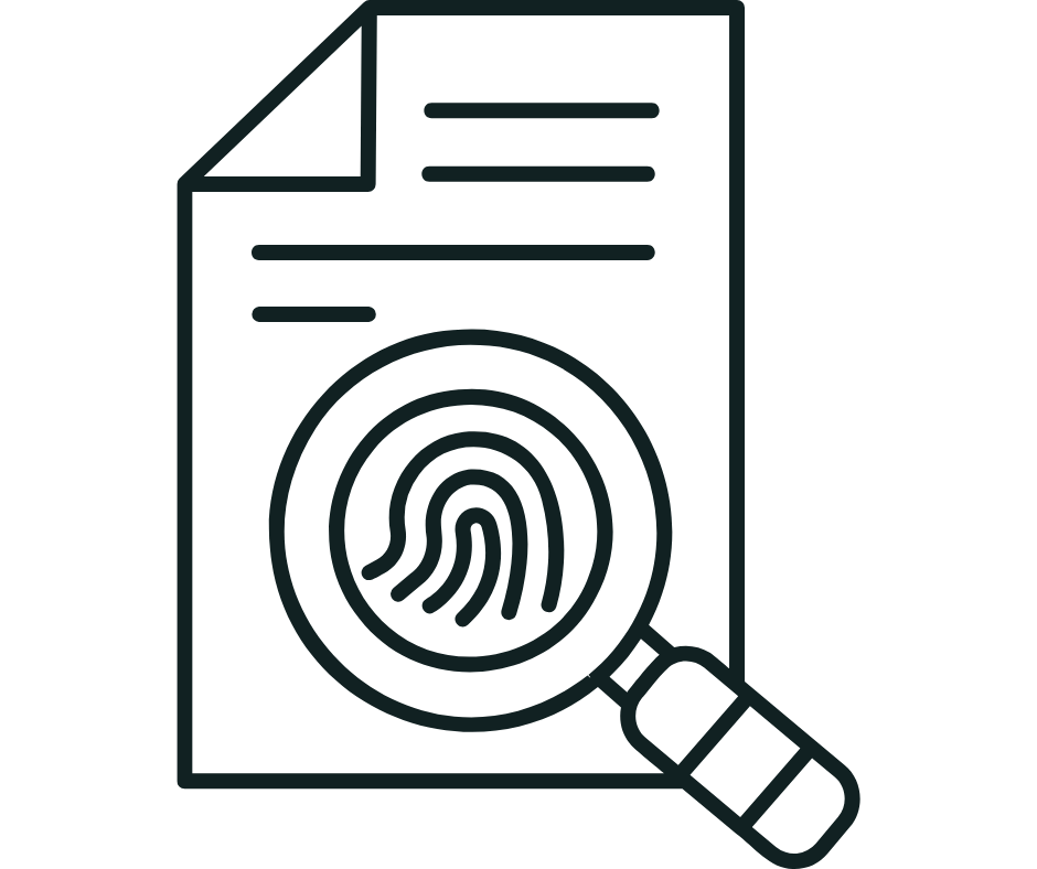 Outline of a document with a fingerprint inside a magnifying glass.