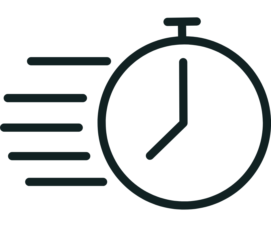 A black icon of a stopwatch with motion lines to the left indicating speed or quickness.