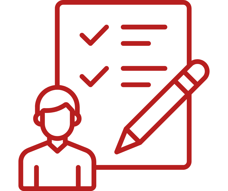 Outline illustration of a person in front of a checklist with checkmarks, and a large pencil.