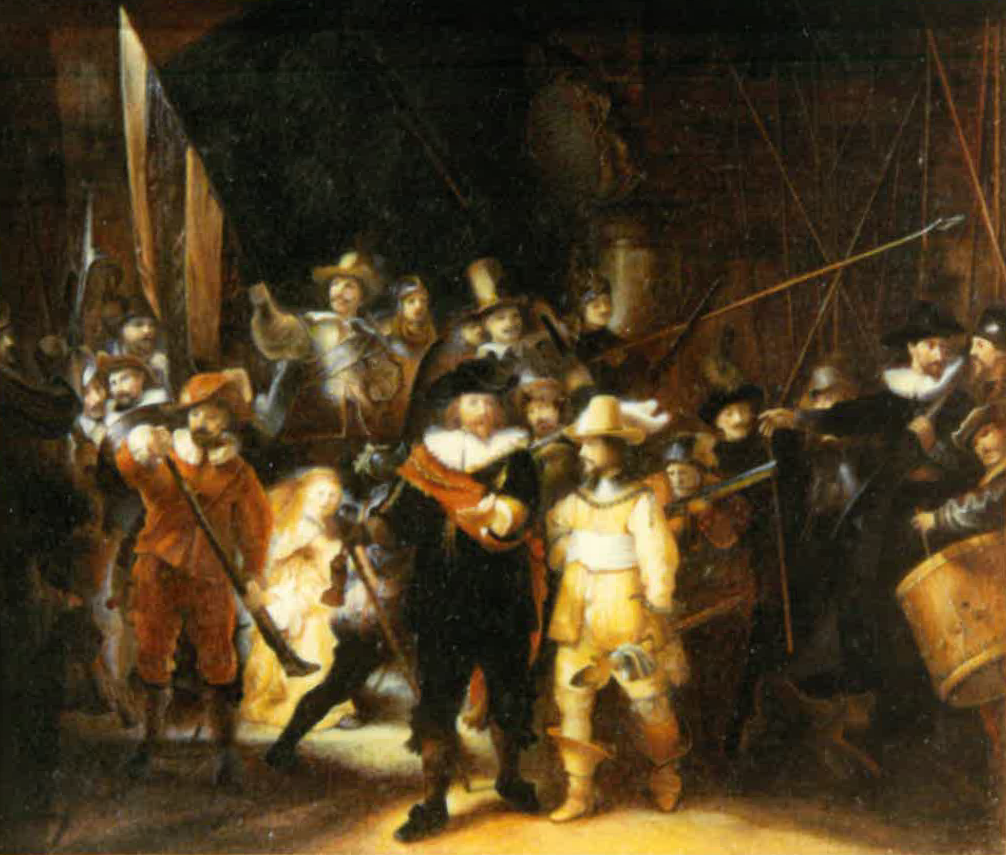 A gothic ceiling with decorative flowers and a group of people dressed in historical costumes gathered underneath.