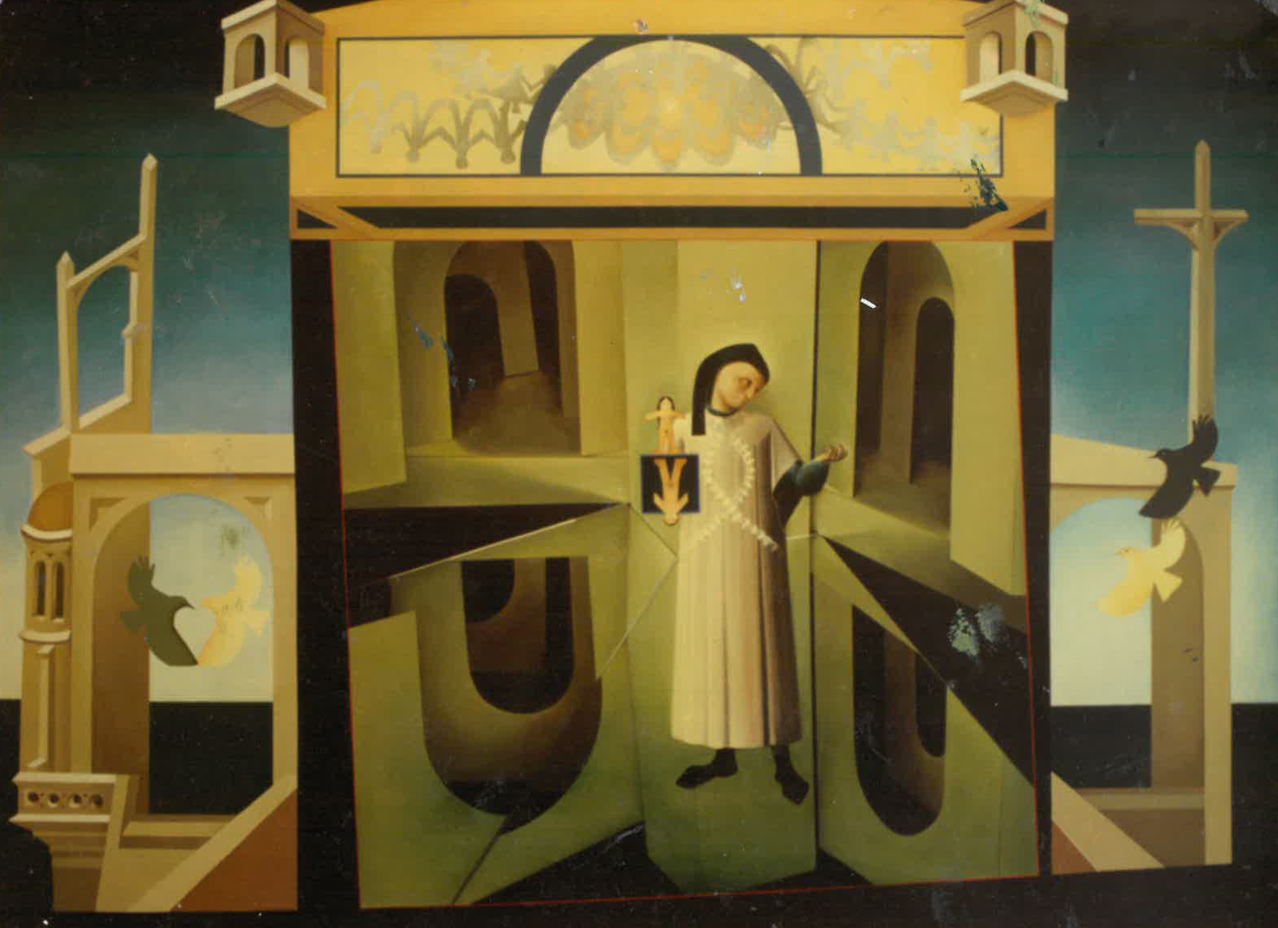 A Modern Myth 8ft x 6ft Exhibited at Royal Academy. Artwork using symbols to explore consciousness and the nature of of self by Judith Drury.
