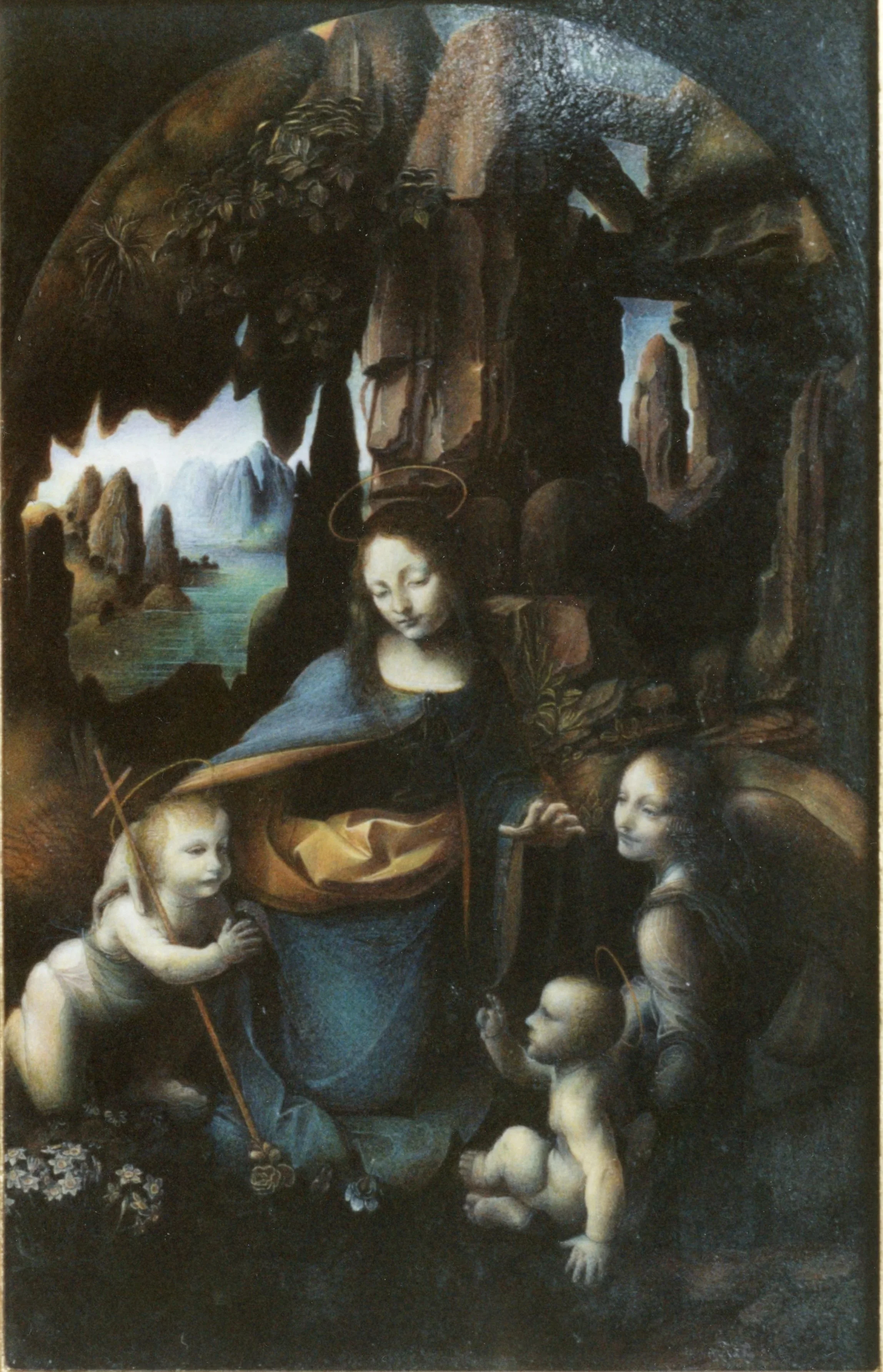 A religious painting depicting the Virgin Mary surrounded by angels and cherubs, with a landscape visible in the background.