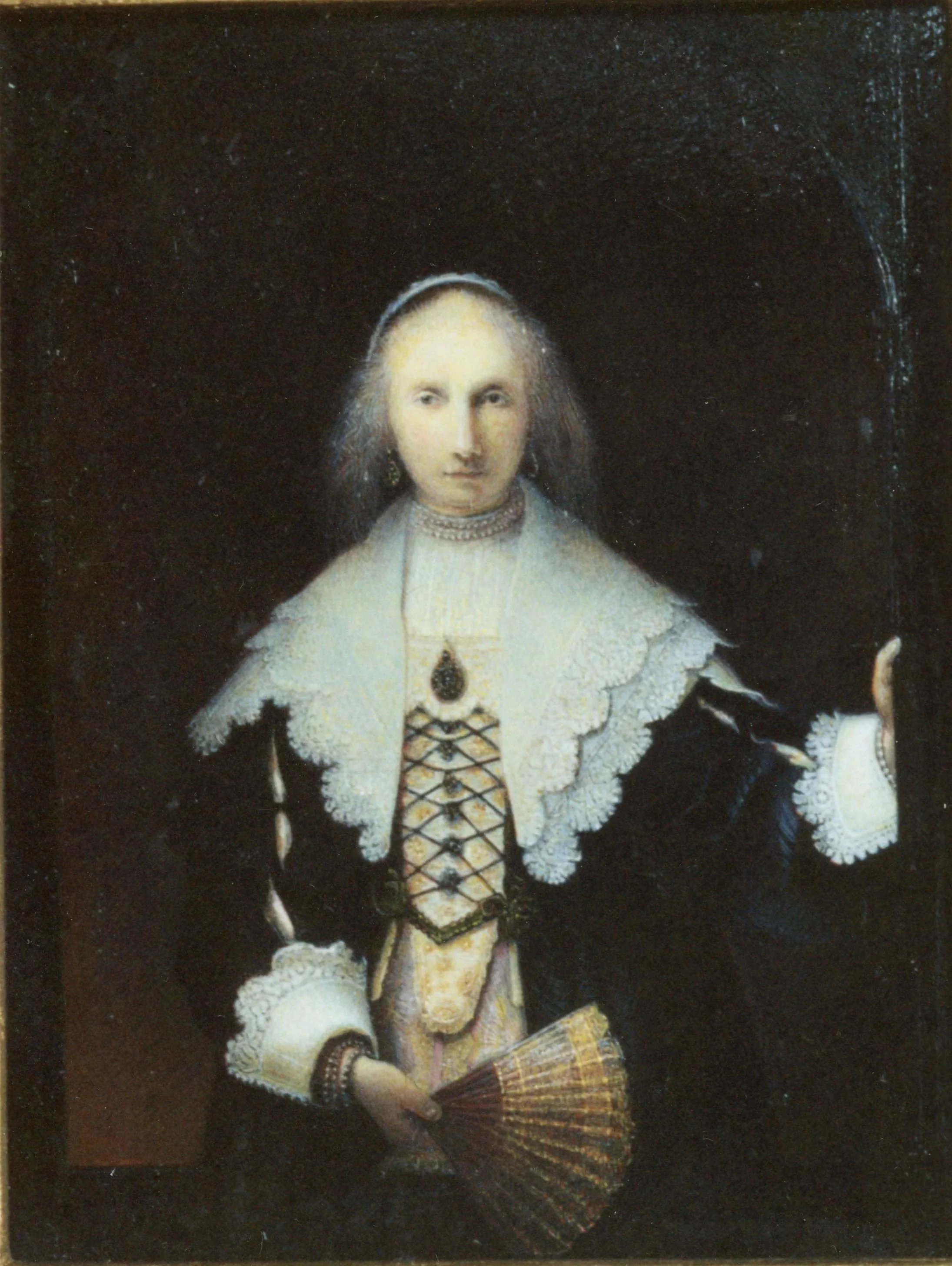 Painting of a woman dressed in historical European attire, holding a fan, with a dark background.