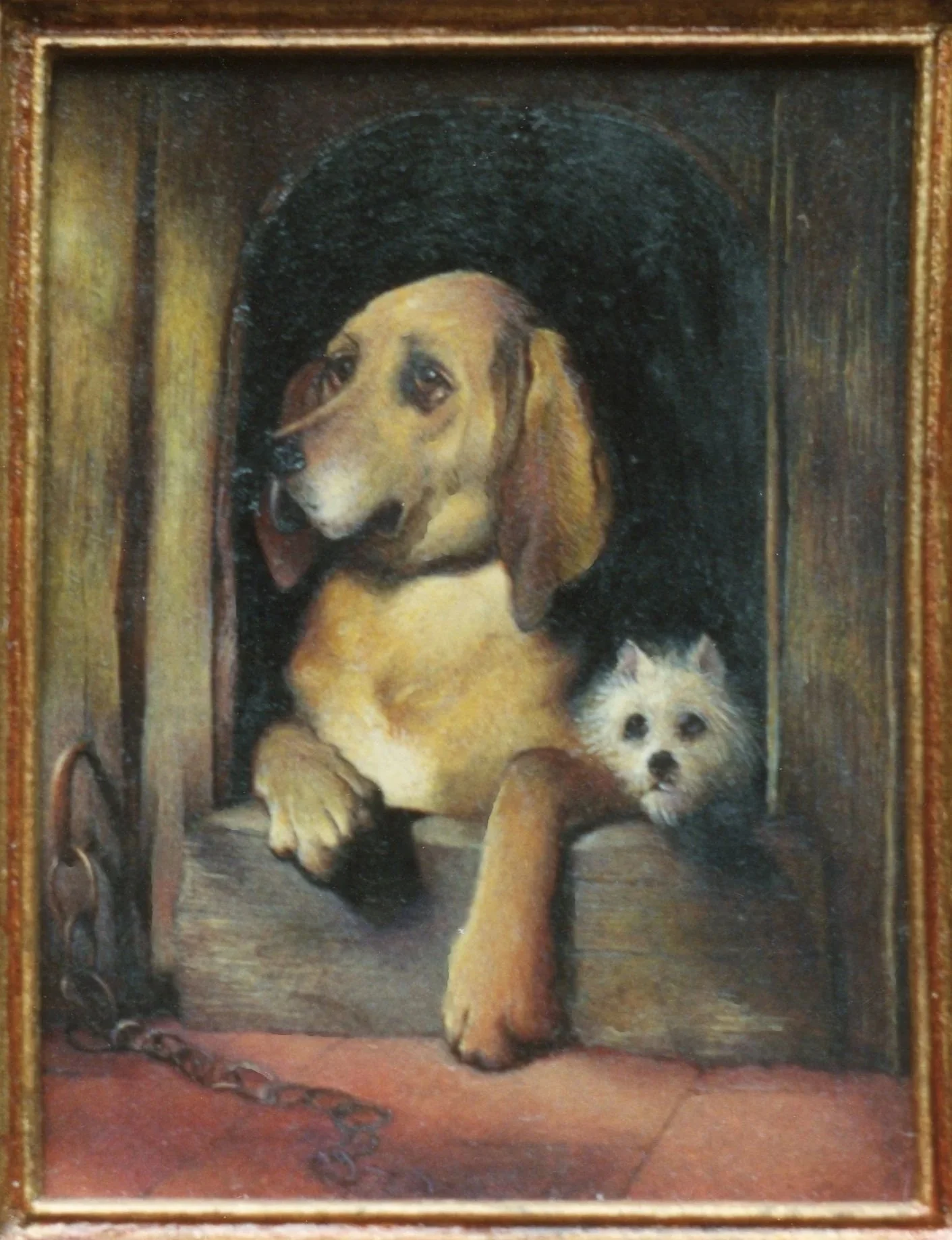 Painting of a dog and a small white dog, each with a chain near them, inside a wooden-framed enclosure.