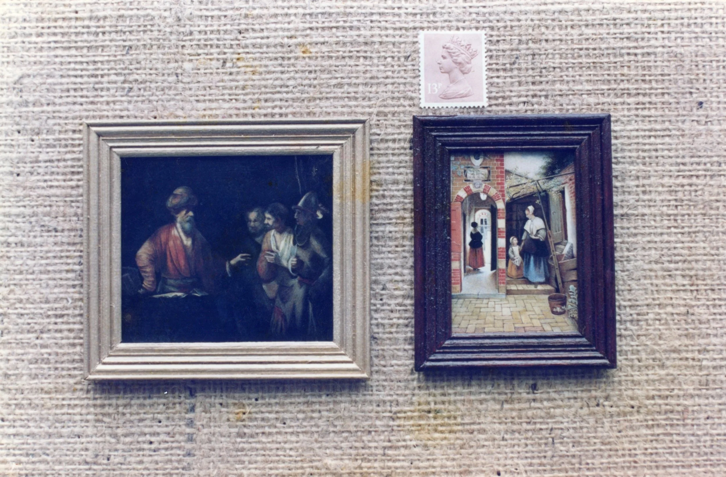 A collection of miniature classical paintings and a postage stamp displayed for scale. Based on ‘old master’ paintings art by Judith Drury.