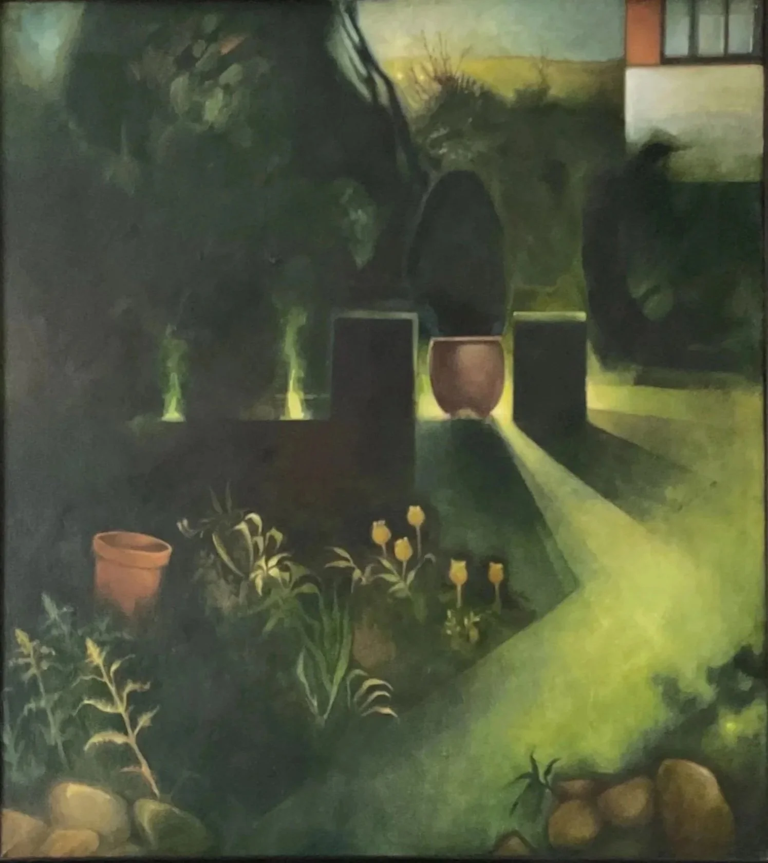 Painting of a garden with potted plants, flowers, trees, and a building in the background, illuminated by sunlight. Expressions of my own ideas and feelings artist Judith Drury.