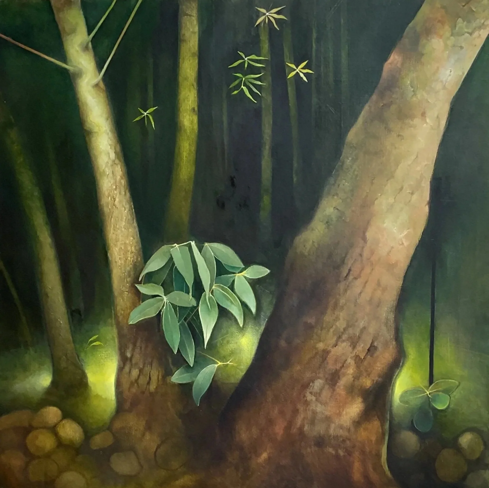 A painted depiction of a forest scene with a large tree trunk on the right, multiple vertical tree trunks in the background, green leaves, some illuminated and casting shadows, and a cluster of rounded stones at the bottom left.  Judith Drury.