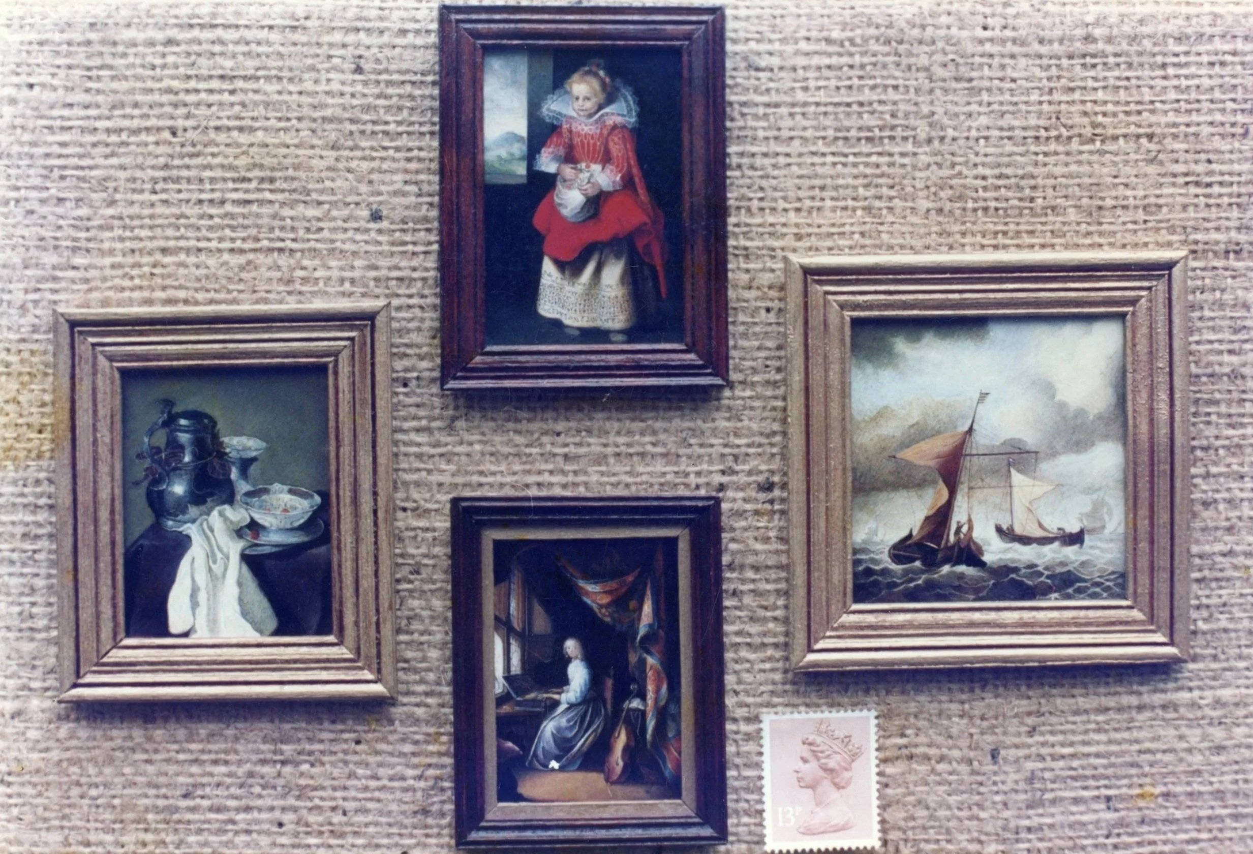 A collection of miniature classical paintings and a postage stamp displayed for scale. Based on ‘old master’ paintings art by Judith Drury.