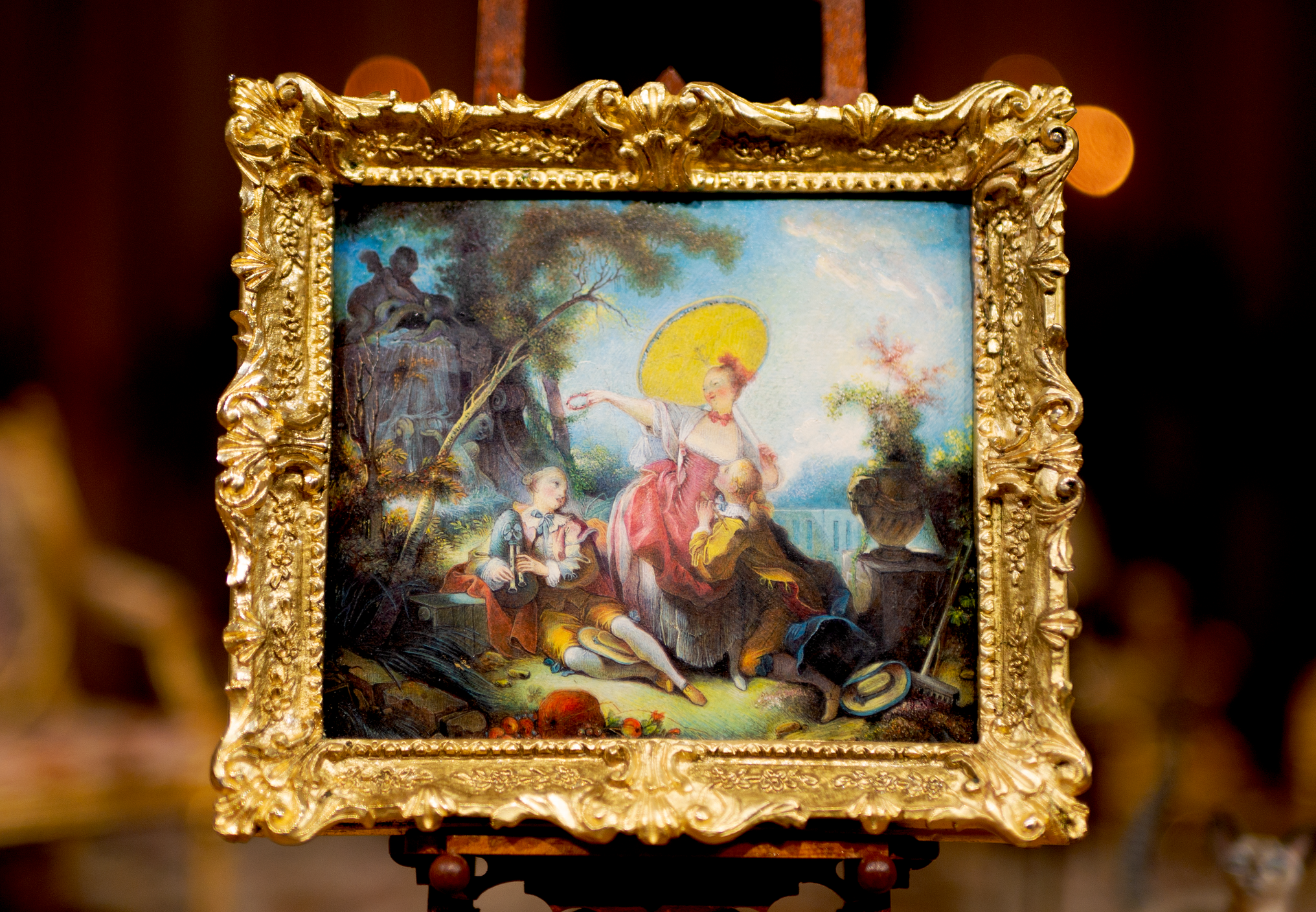 Famous artwork in miniature titled The Musical Contest, Newby Hall, North Yorkshire.