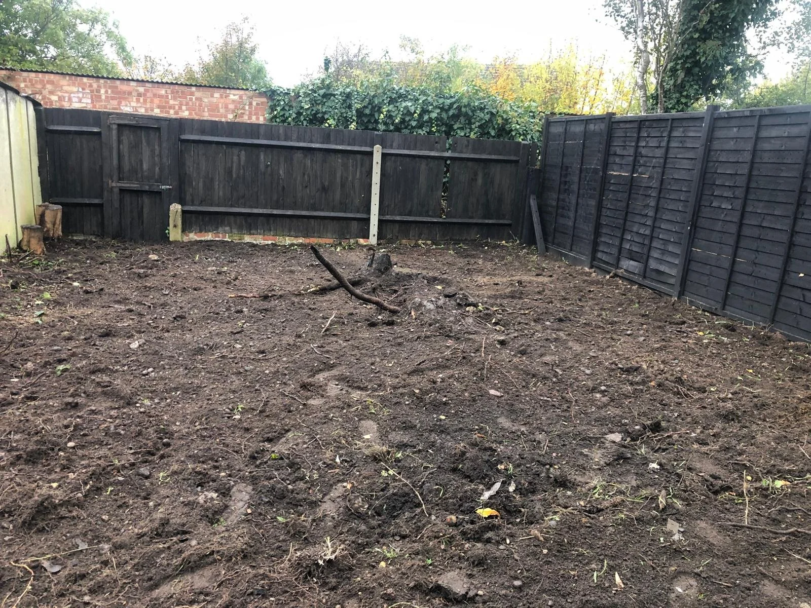 A backyard with freshly turned soil, a fallen tree branch, and a black wooden fence along the perimeter.