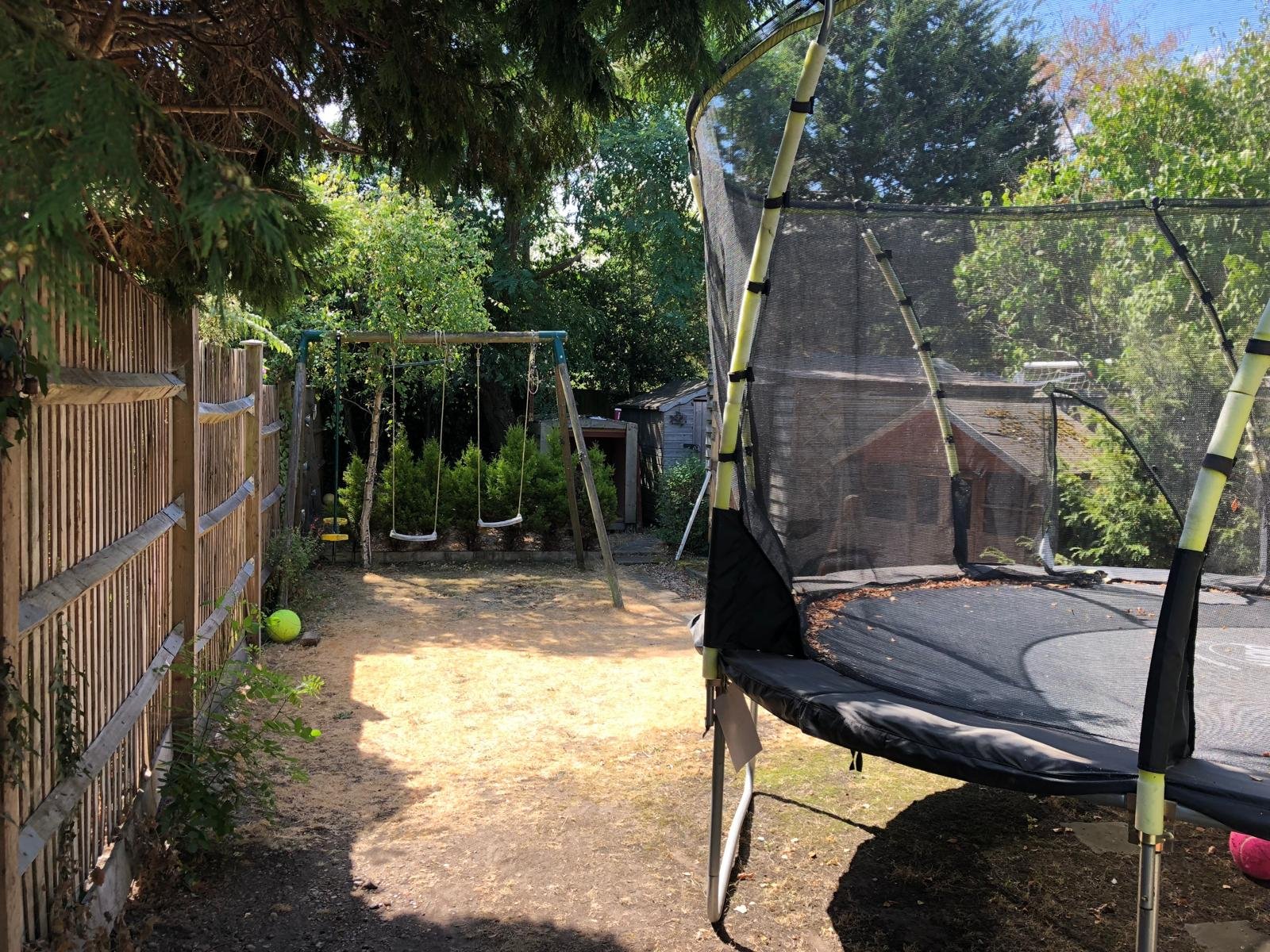 A backyard with a trampoline on the right, a swing set with two swings in the middle, a green tennis ball on the ground near the fence on the left, and trees and shrubs in the background.