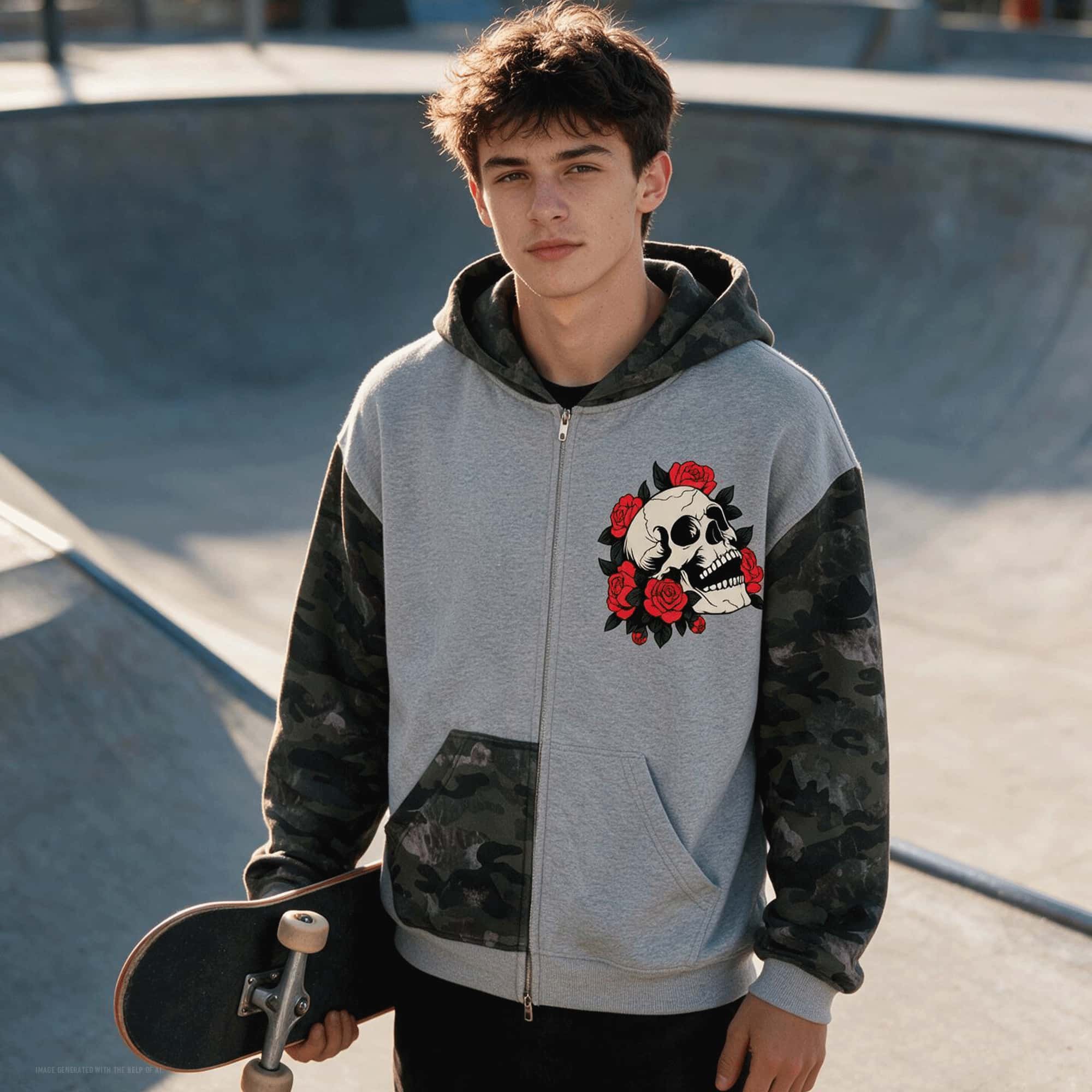 Skull & Roses Unisex Colorblock Camo Full Zip Boxy Hoodie