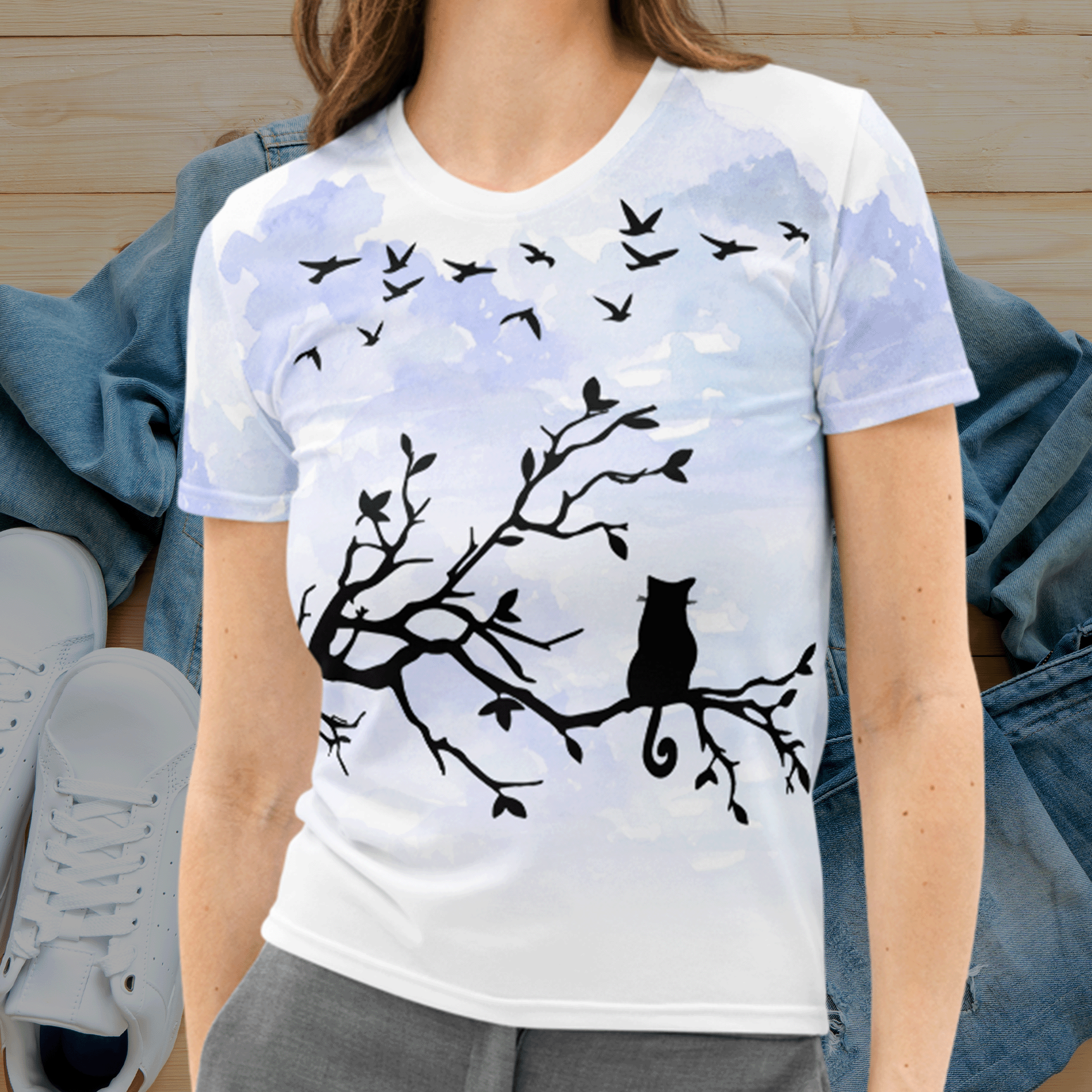 Black Cat Watching Birds Women's T-shirt