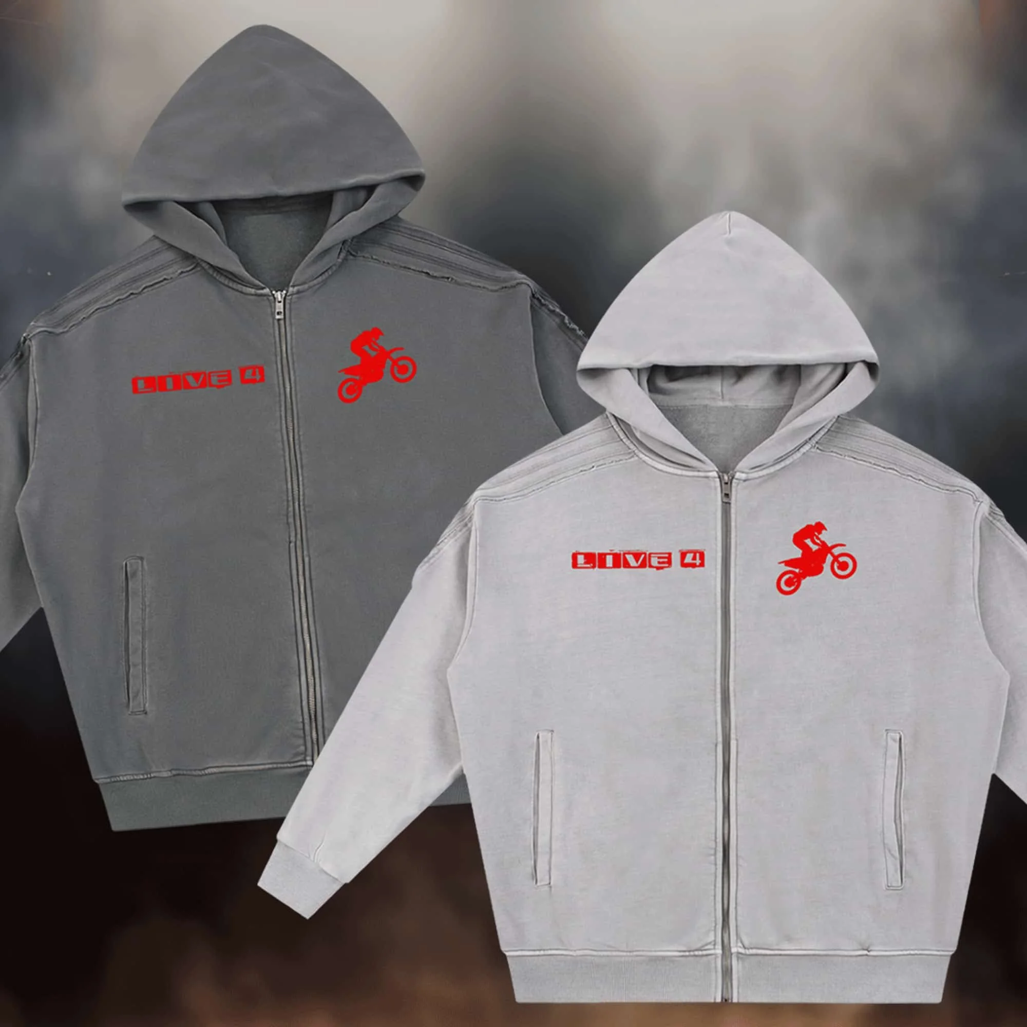 Live 4 Motocross Snow Washed Raw Edge Shoulder Stripes Zip Up Hoodie