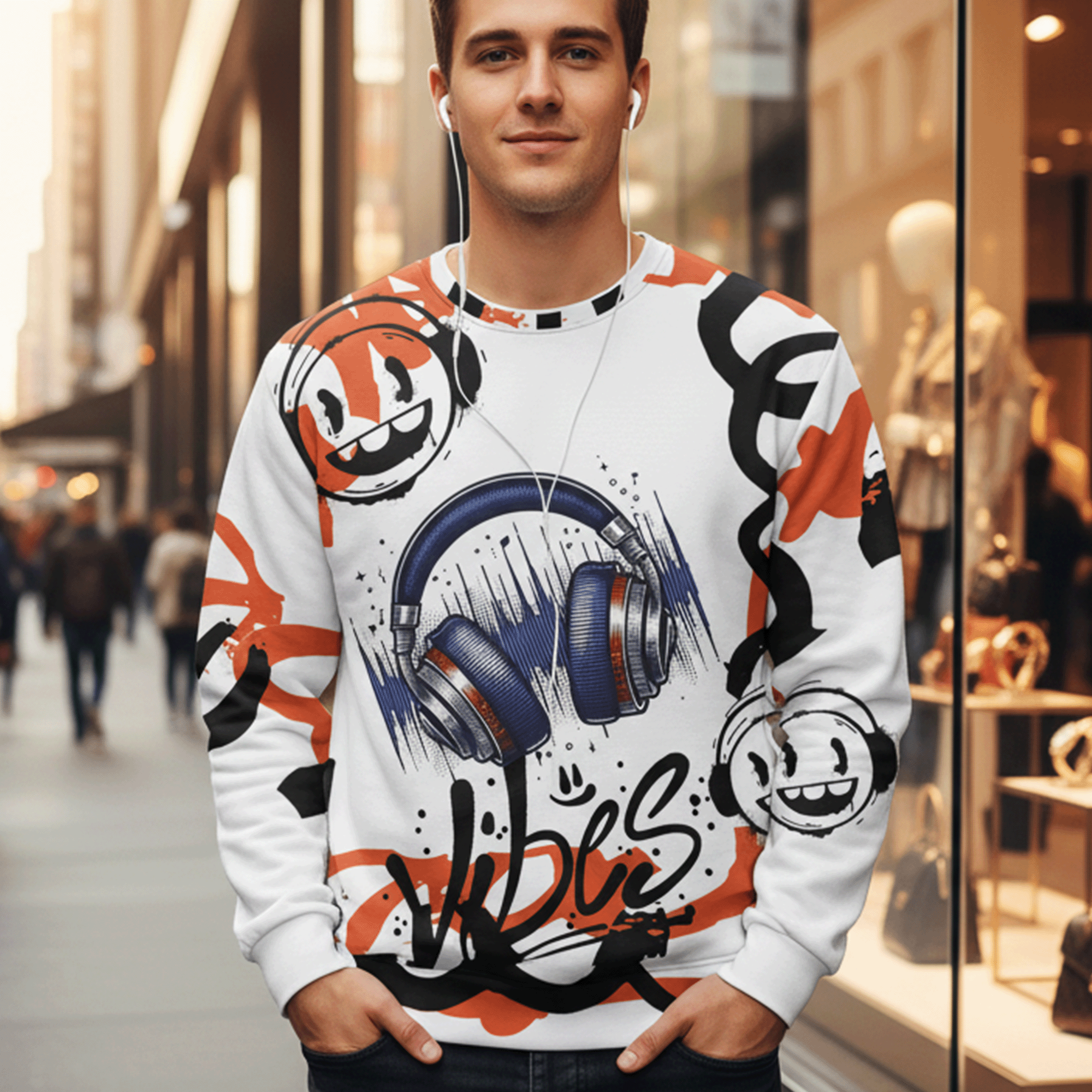 Good Vibes Headphones Graffiti Style Unisex Cotton Sweatshirt