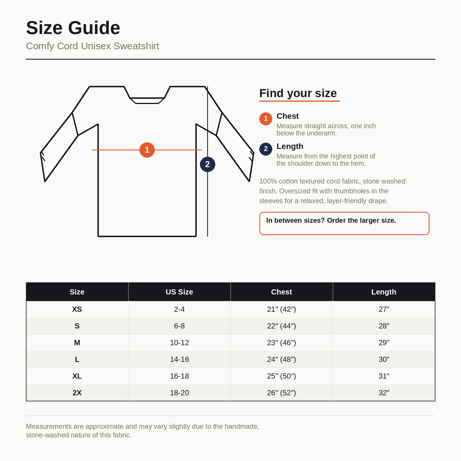 Orange Rabbit Sizing chart