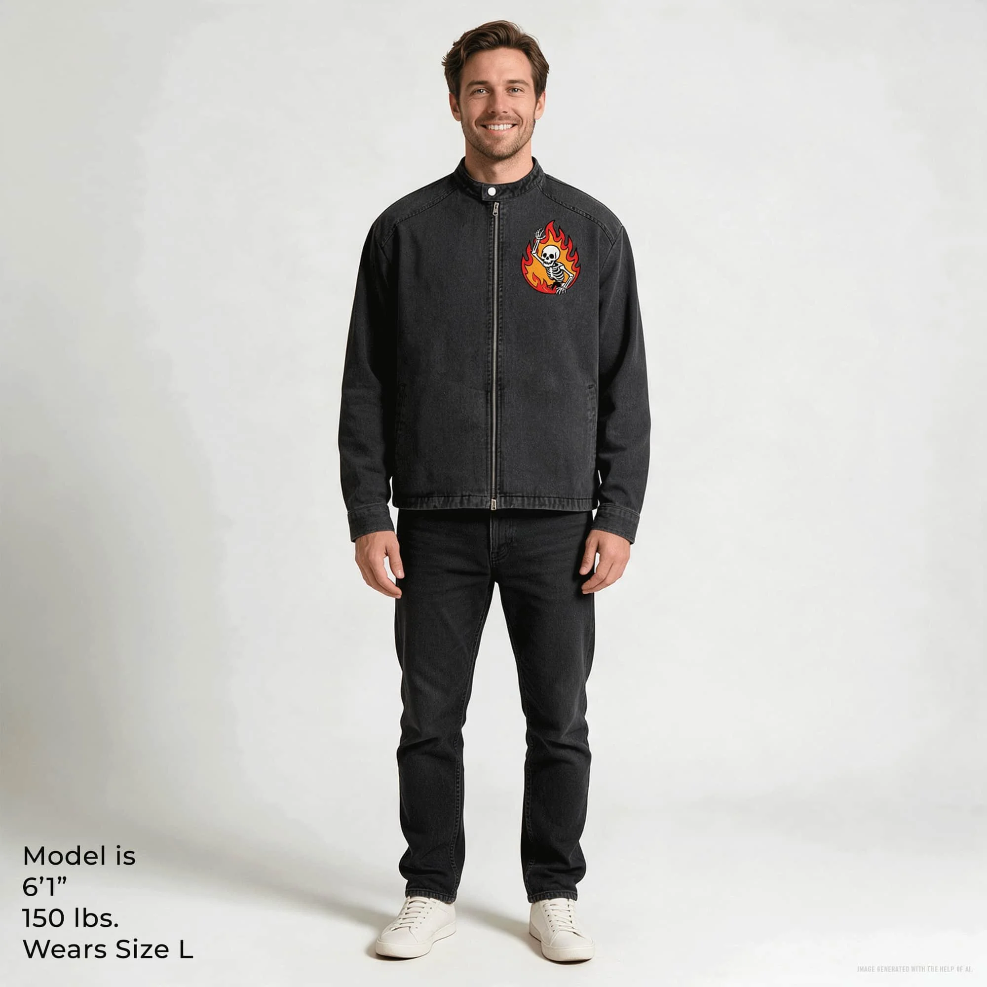 Skeleton Flame Boy Vintage Washed Denim Jacket