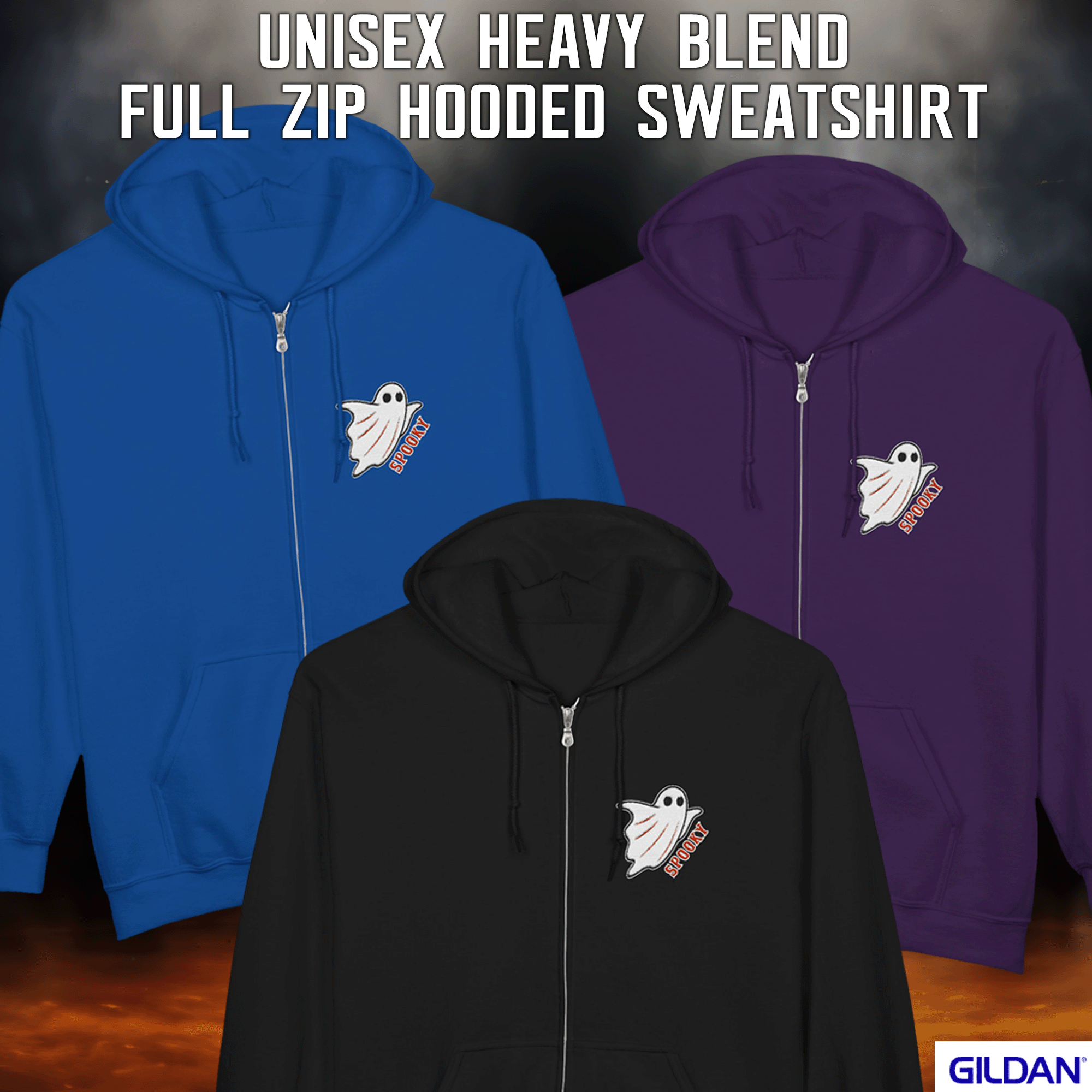 Embroidered Halloween Spooky Ghost Zip Up Hoodie