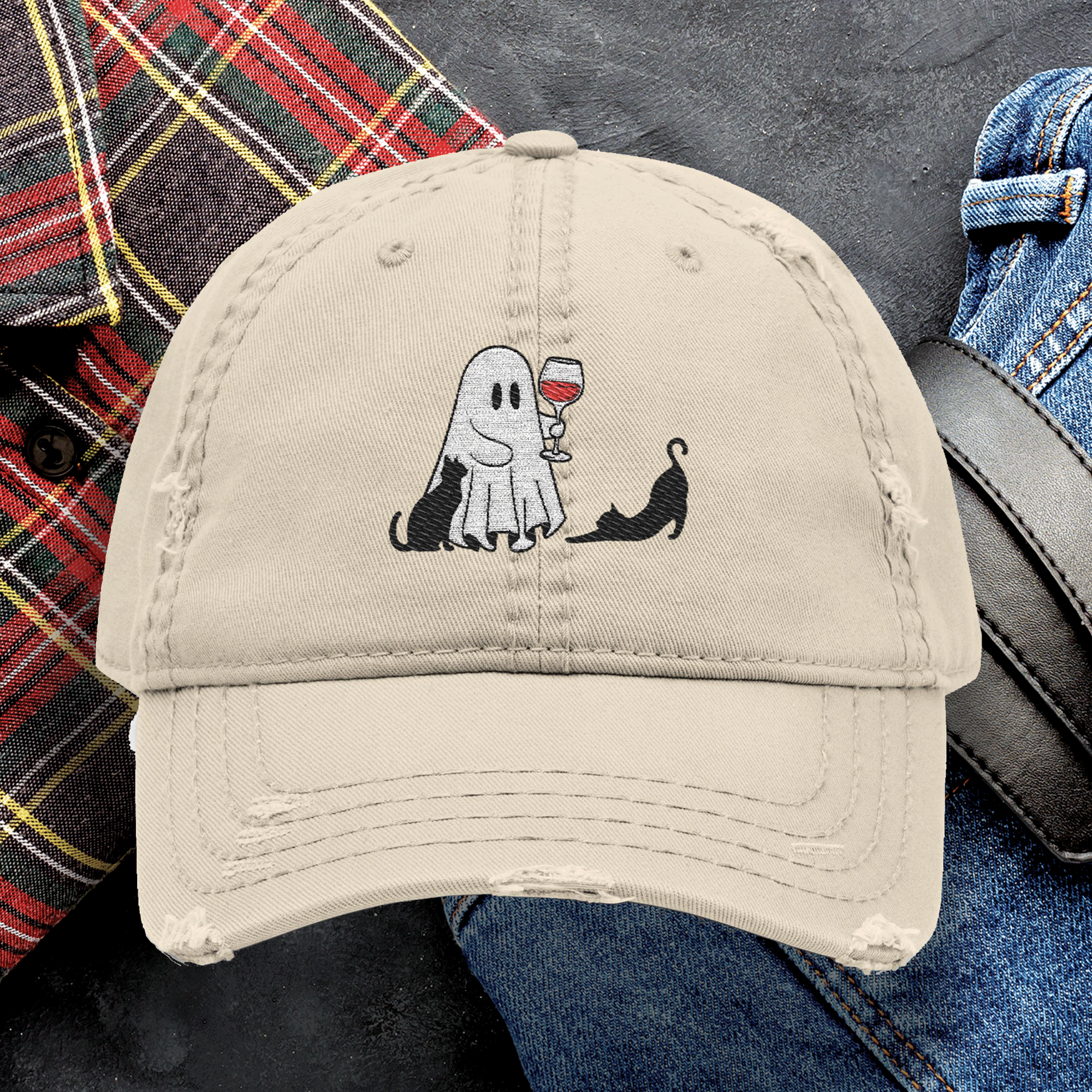 Embroidered Halloween Ghost Drinking Wine Distressed Dad Hat