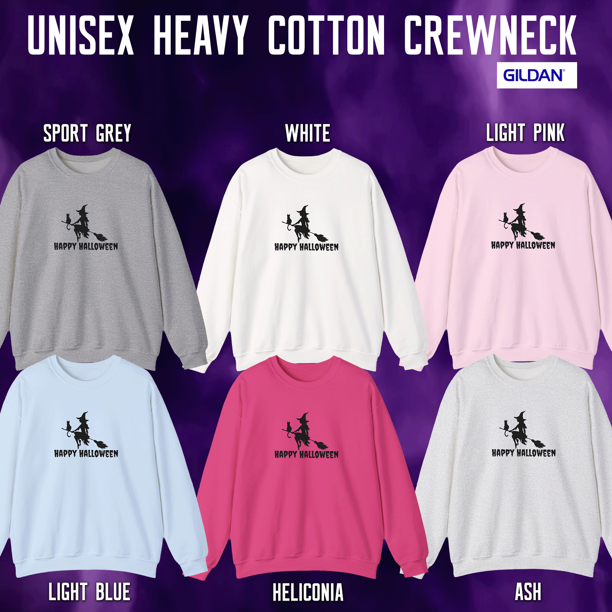 Embroidered Halloween Witch and Cat Silhouette Crewneck