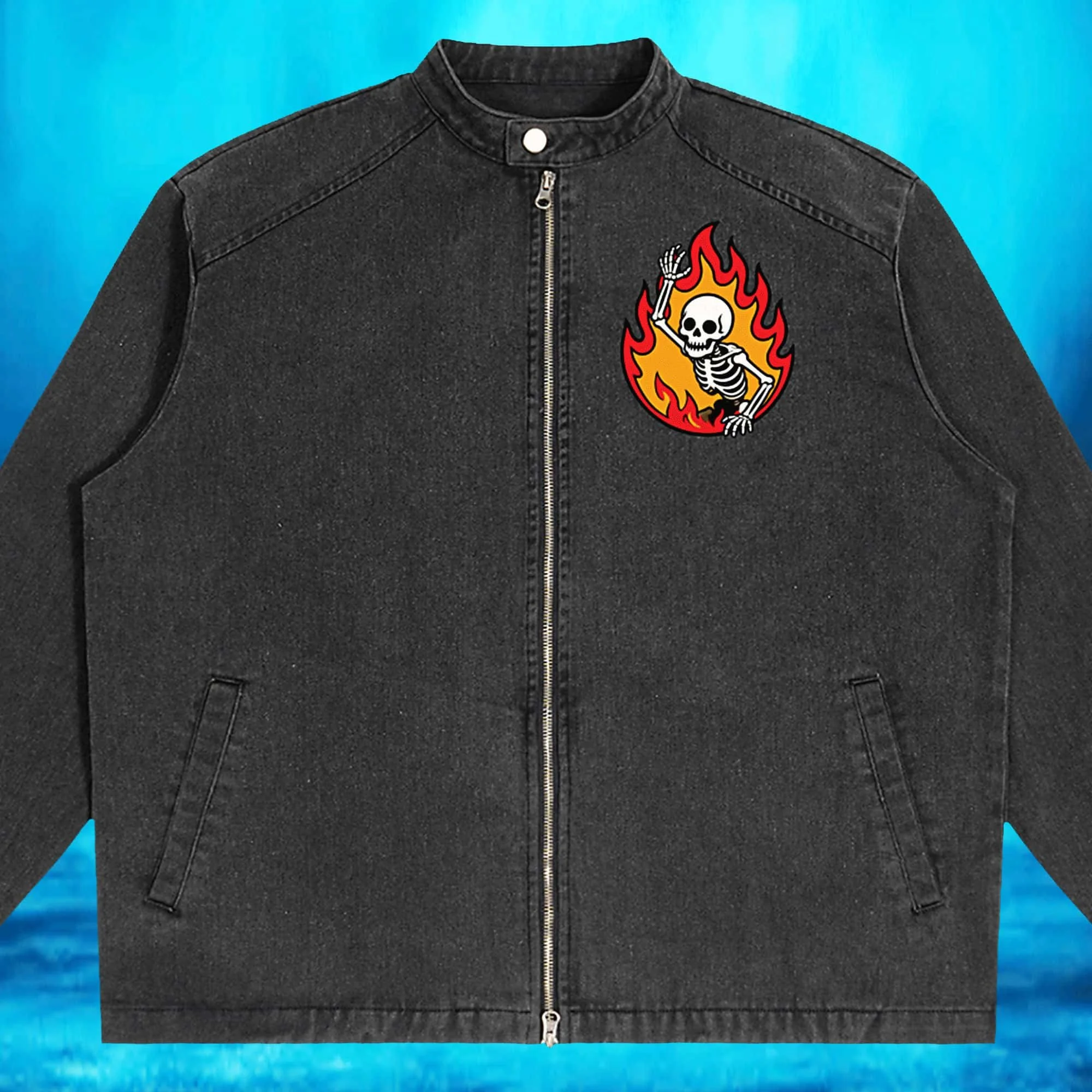 Skeleton Flame Boy Vintage Washed Denim Jacket