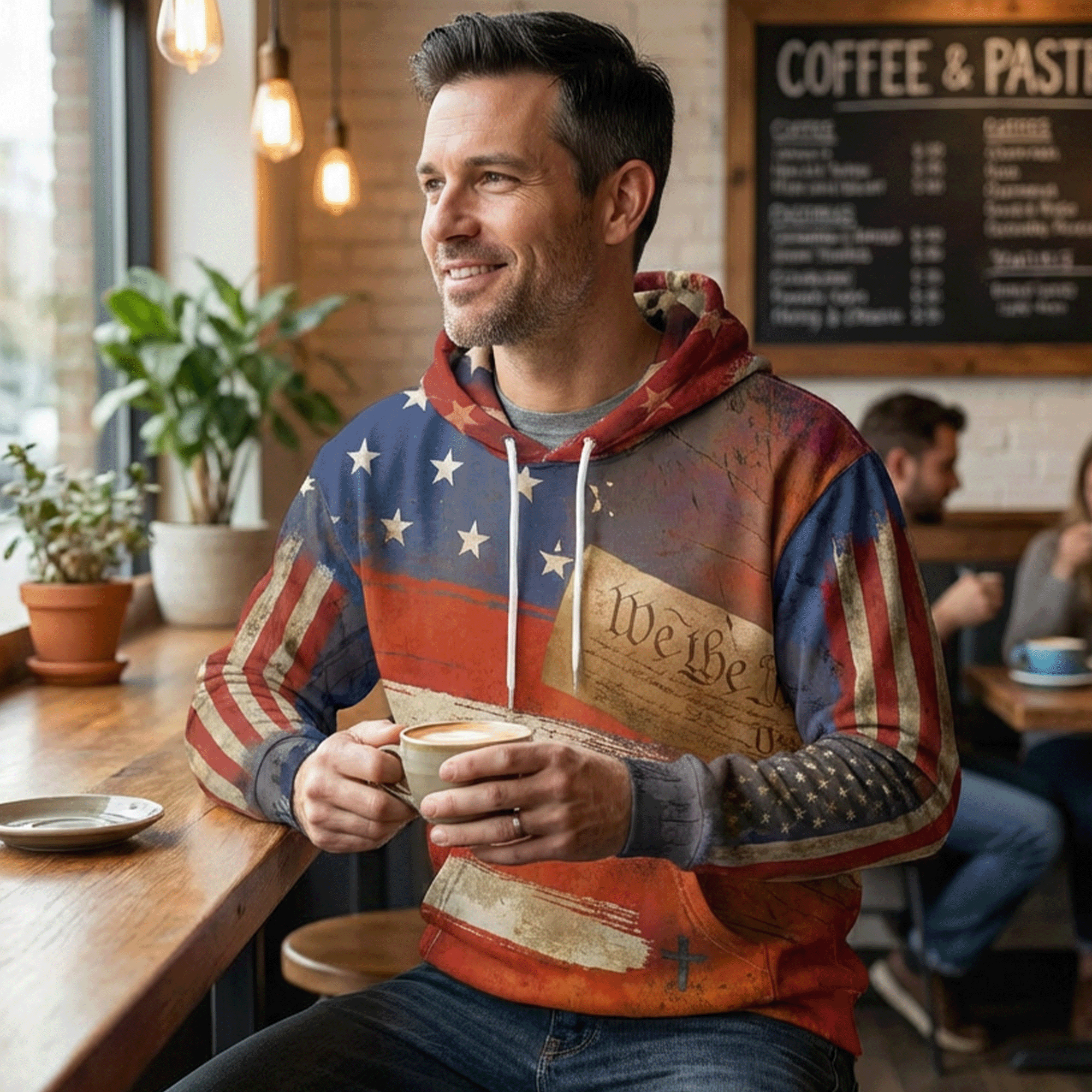 A man with dark hair and a beard smiling while holding a cup of coffee, sitting at a wooden counter in a coffee shop with a menu board on the wall.