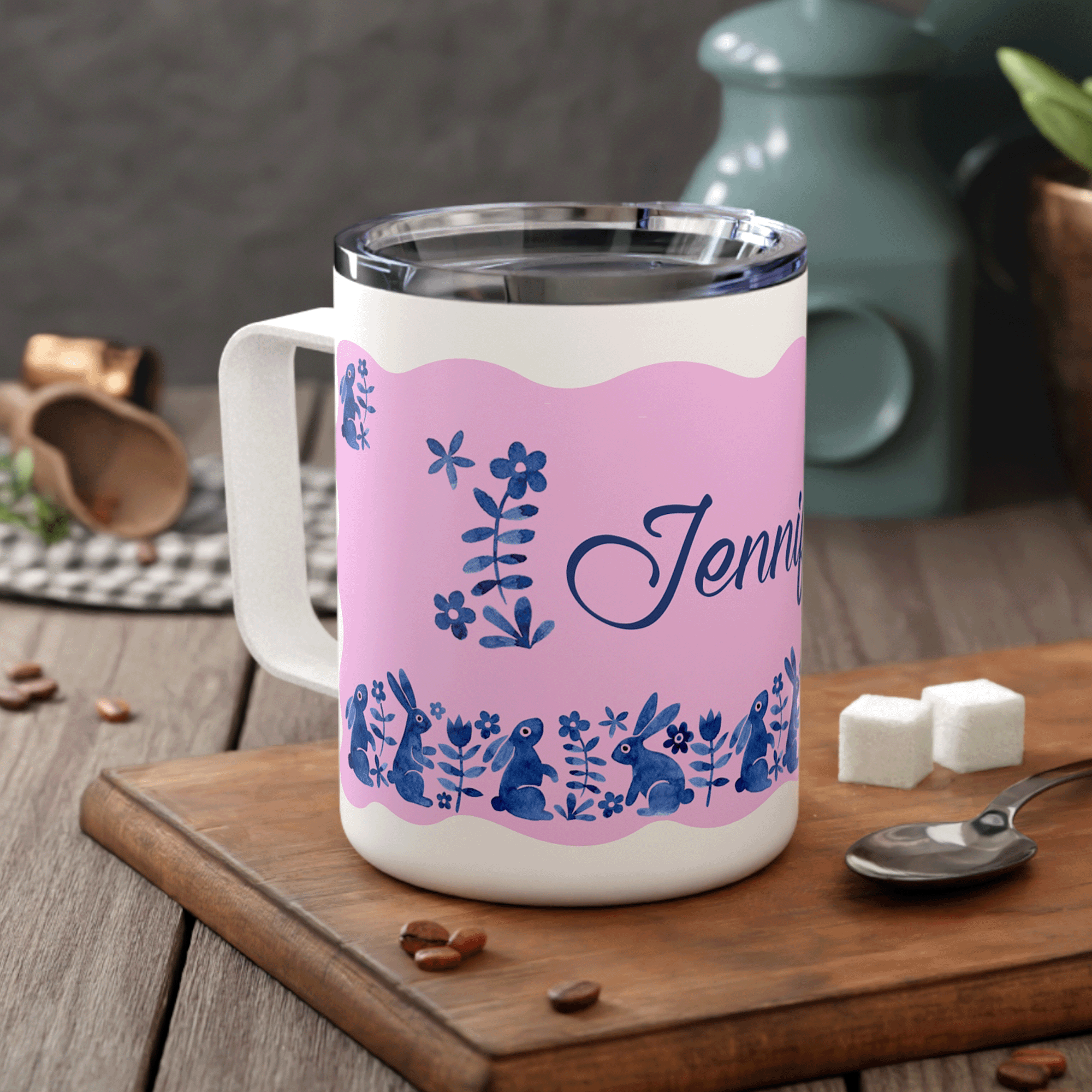 Personalized Blue Bunny Folk Art Insulated Coffee Mug