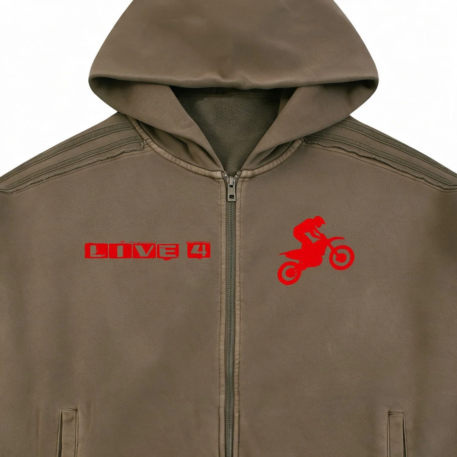 Live 4 Motocross Snow Washed Raw Edge Shoulder Stripes Zip Up Hoodie