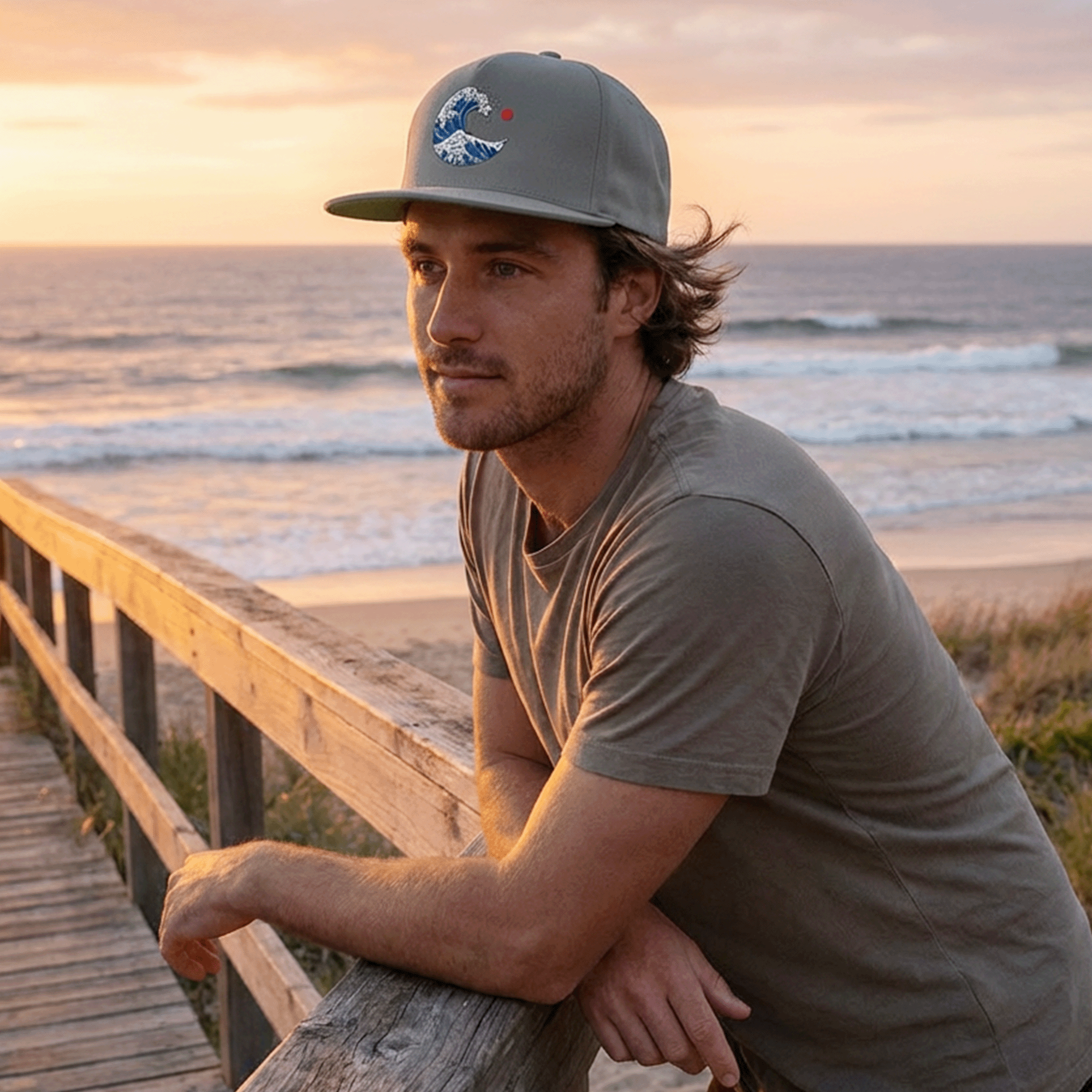 Embroidered Ocean Wave Flat Bill Cap